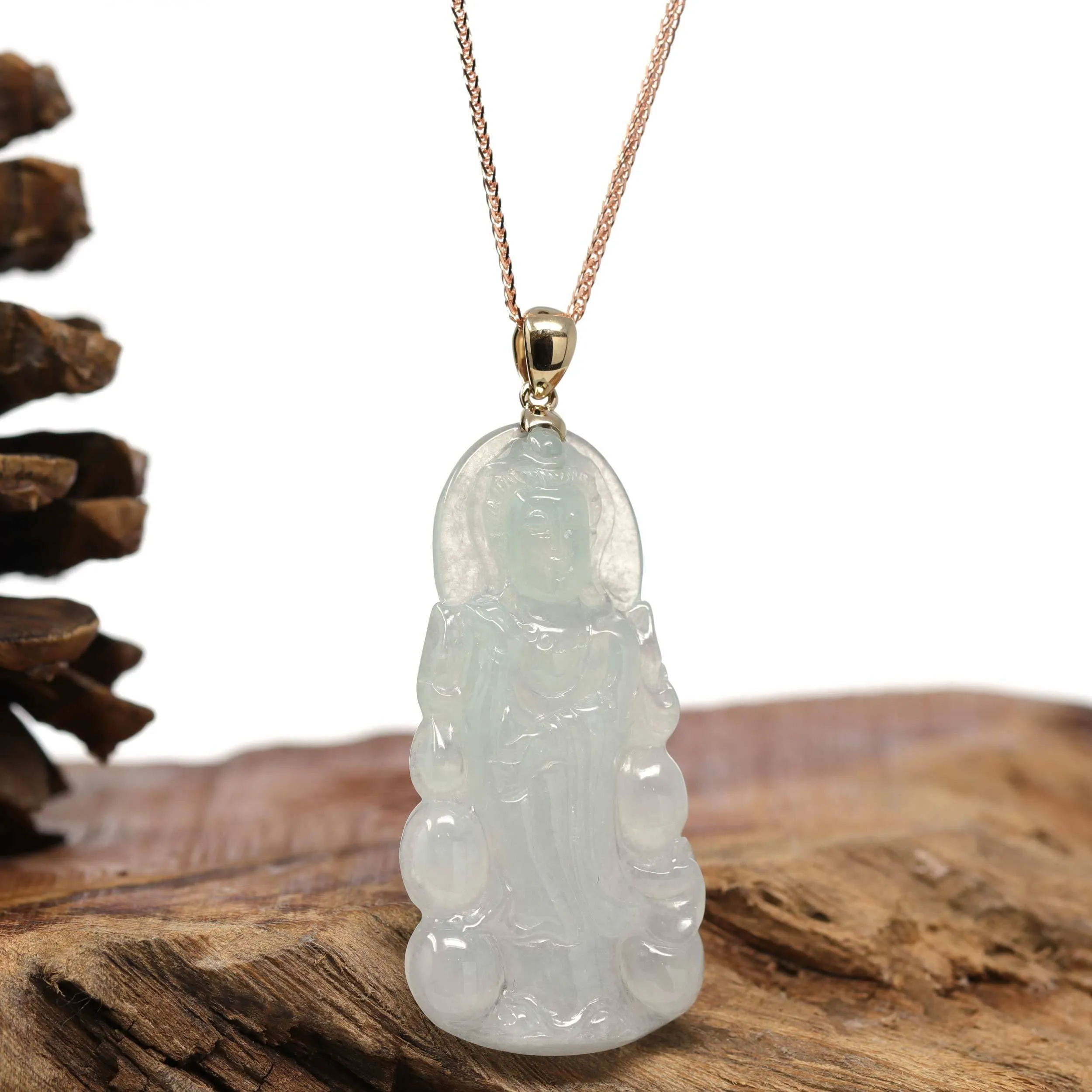 Baikalla 14k "Goddess of Compassion" Guan Yin Genuine Burmese Jadeite Jade Necklace With Bail