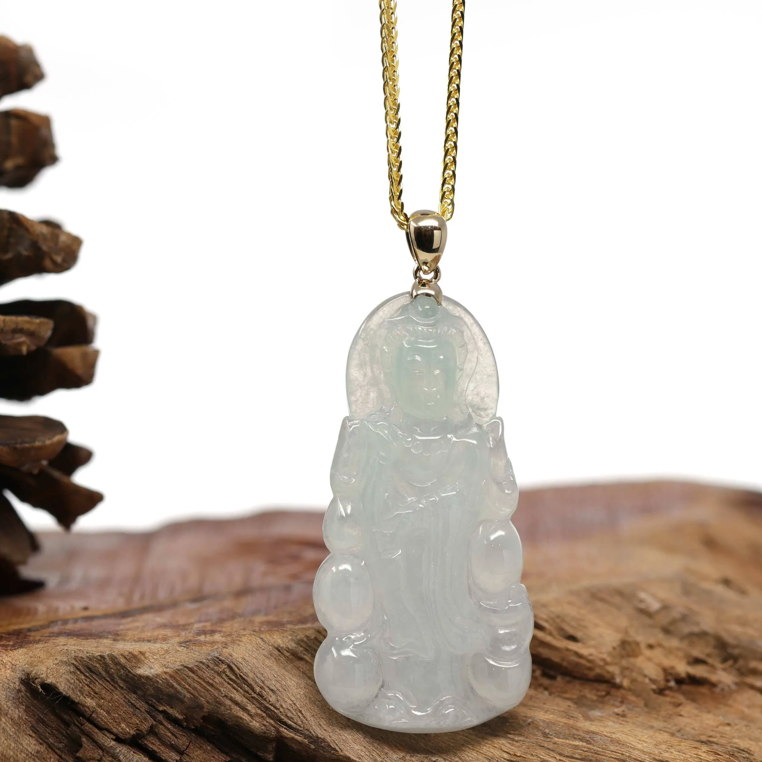 Baikalla 14k "Goddess of Compassion" Guan Yin Genuine Burmese Jadeite Jade Necklace With Bail