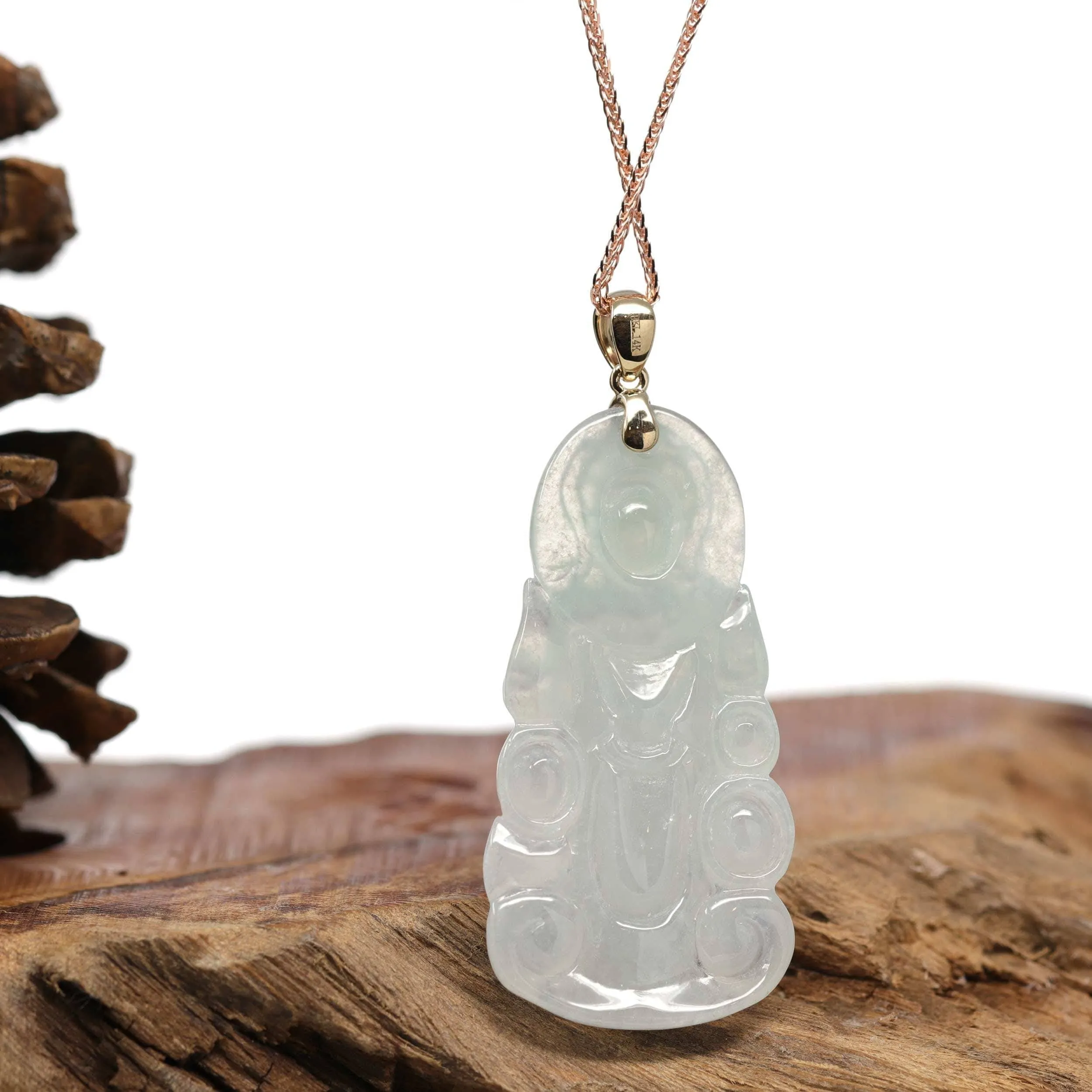 Baikalla 14k "Goddess of Compassion" Guan Yin Genuine Burmese Jadeite Jade Necklace With Bail