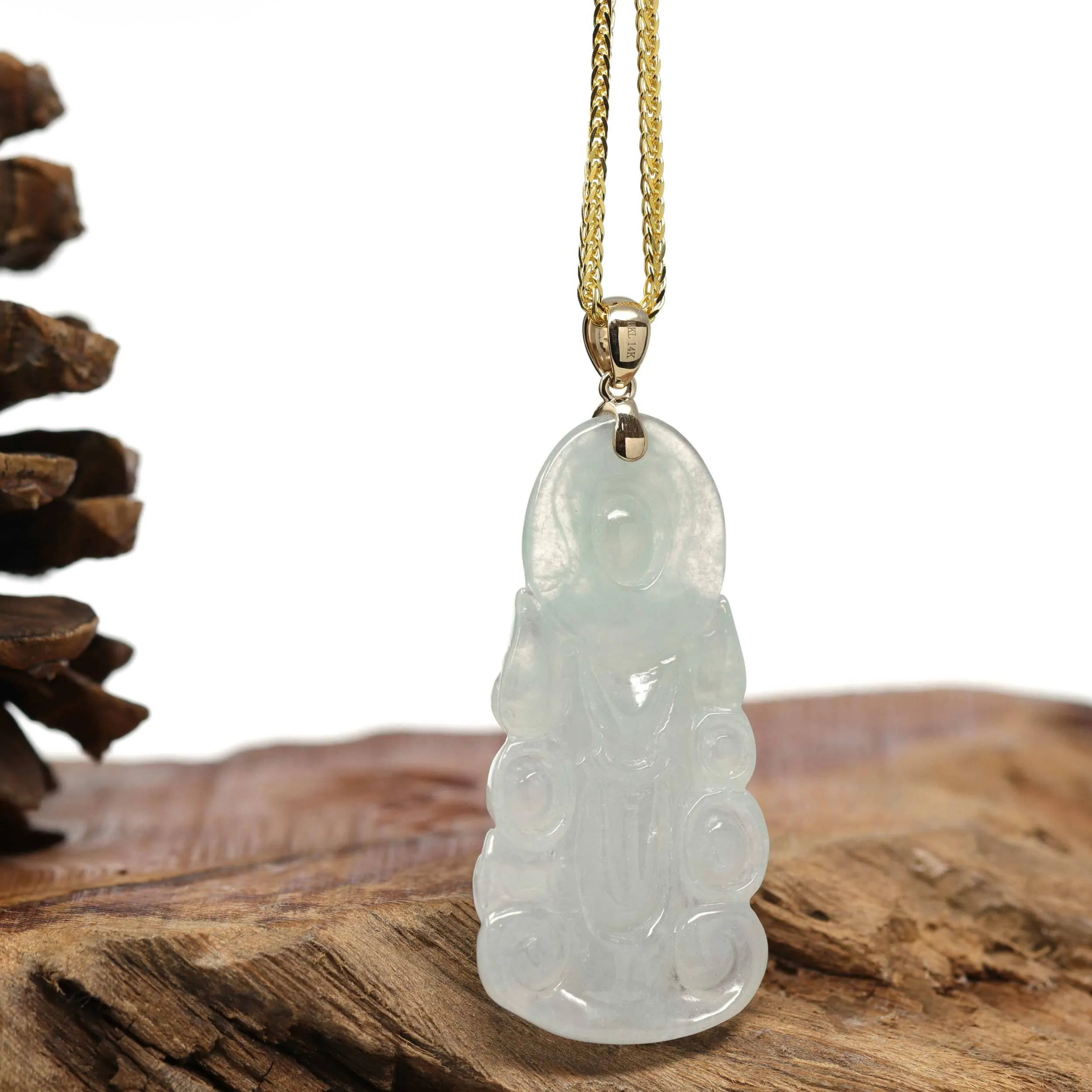 Baikalla 14k "Goddess of Compassion" Guan Yin Genuine Burmese Jadeite Jade Necklace With Bail