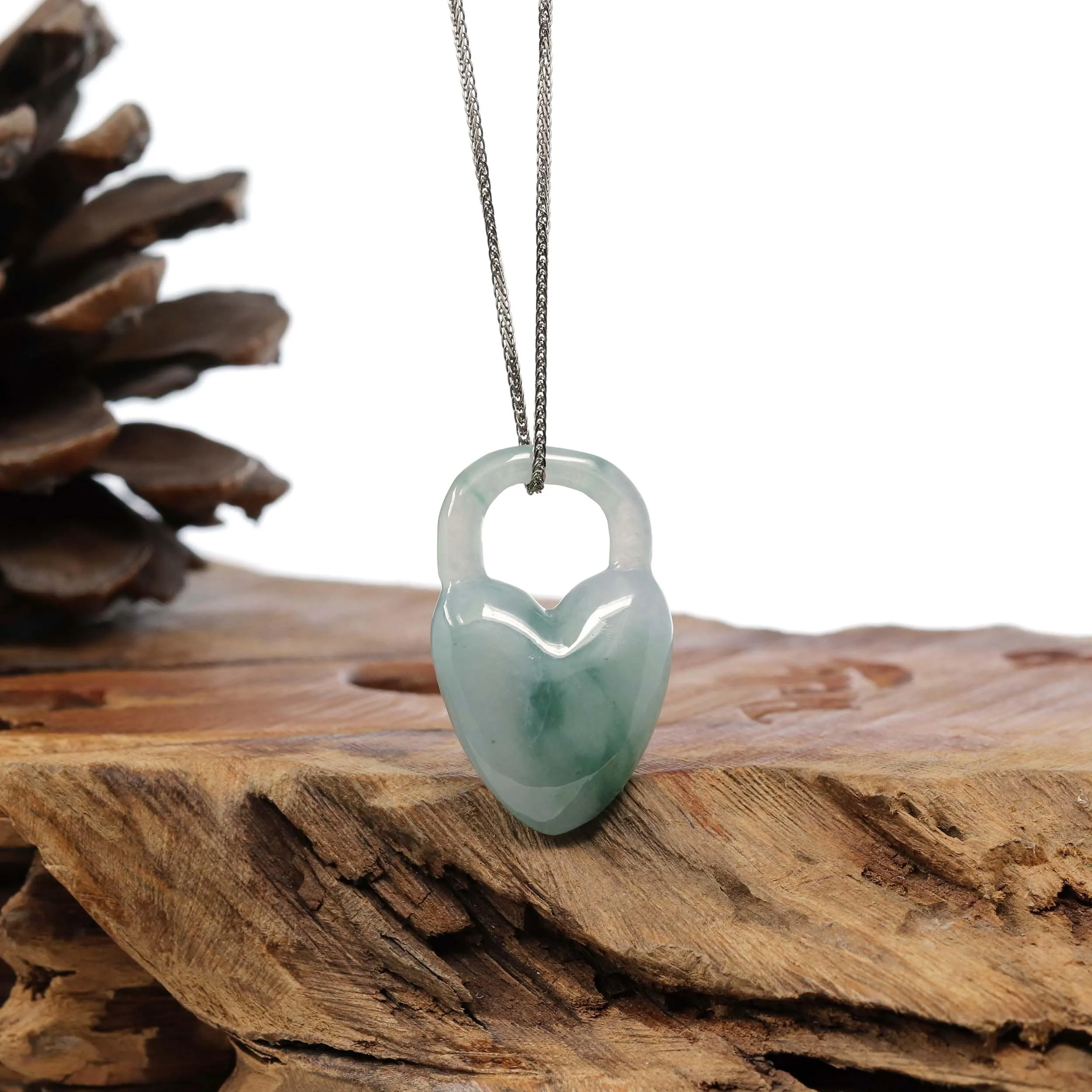 Baikalla Ice Blue-Green Jadeite Jade Heart Lock Necklace Pendant