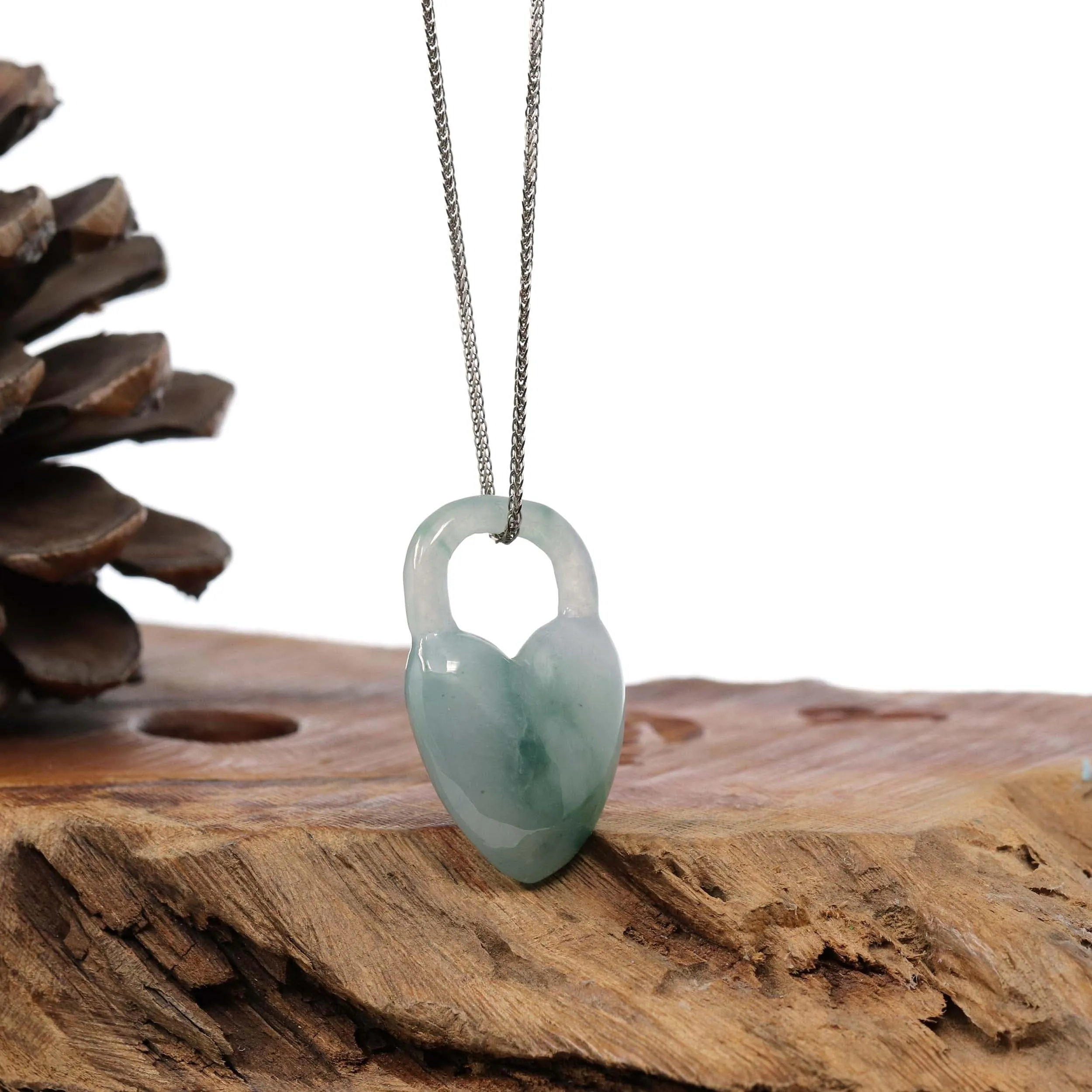 Baikalla Ice Blue-Green Jadeite Jade Heart Lock Necklace Pendant