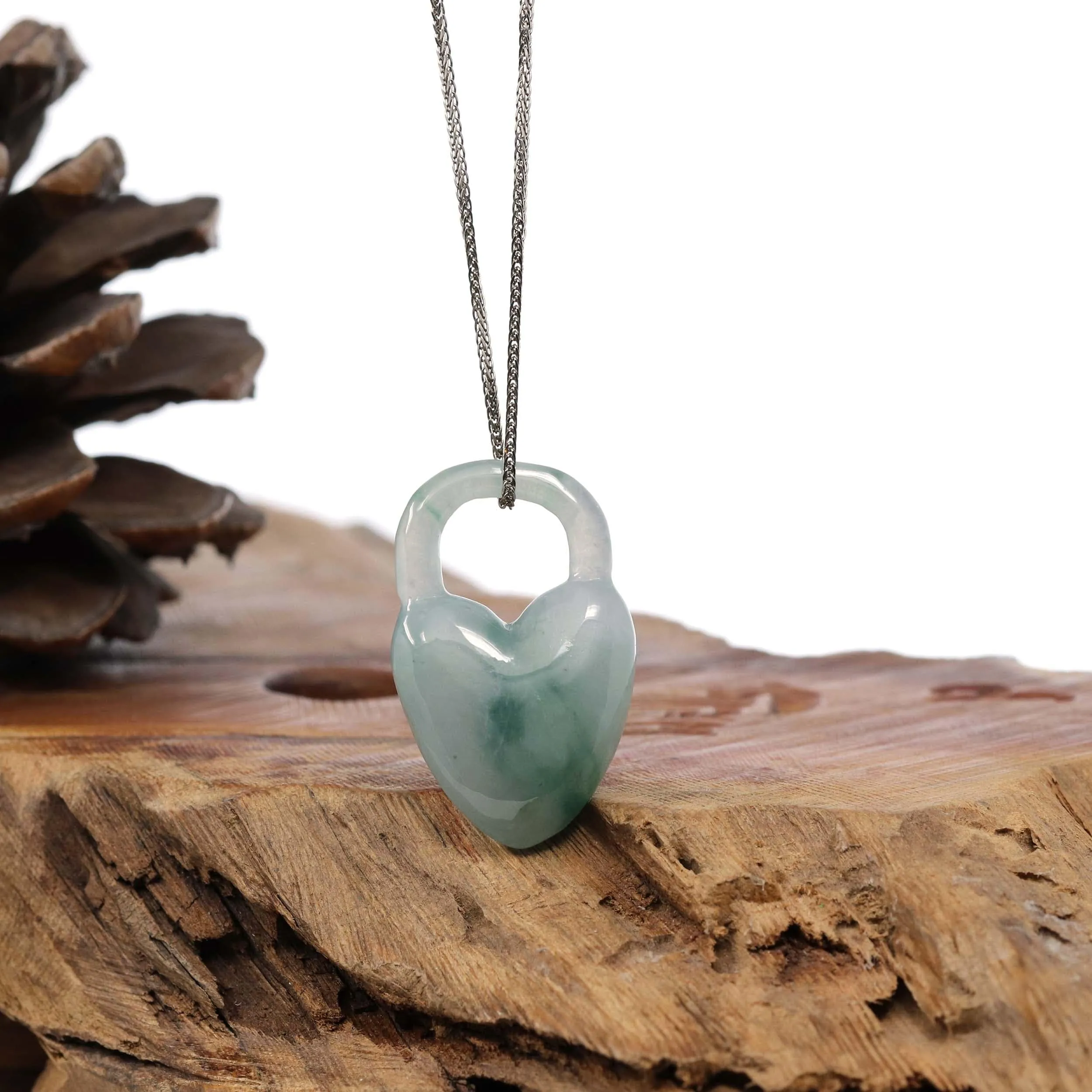 Baikalla Ice Blue-Green Jadeite Jade Heart Lock Necklace Pendant