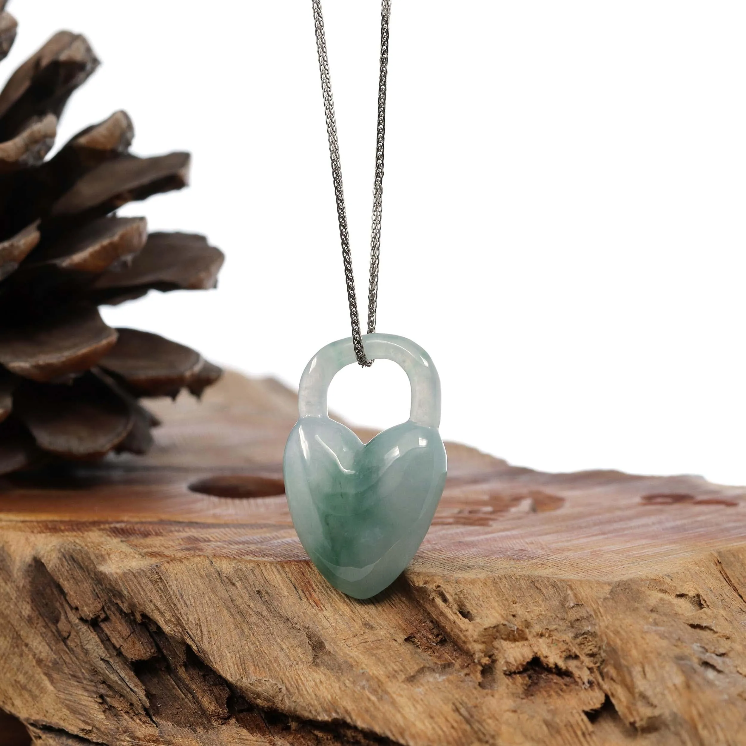 Baikalla Ice Blue-Green Jadeite Jade Heart Lock Necklace Pendant