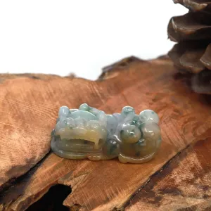 Baikalla™ Pi Xiu Genuine Burmese Blue Green W/ Yellow Accents Jadeite Jade PiXiu Pendant Necklace (FengShui Lucky)