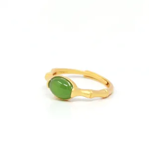Baikalla™ "Classic Oval" Sterling Silver Real Green Nephrite Jade Bamboo Ring For Her
