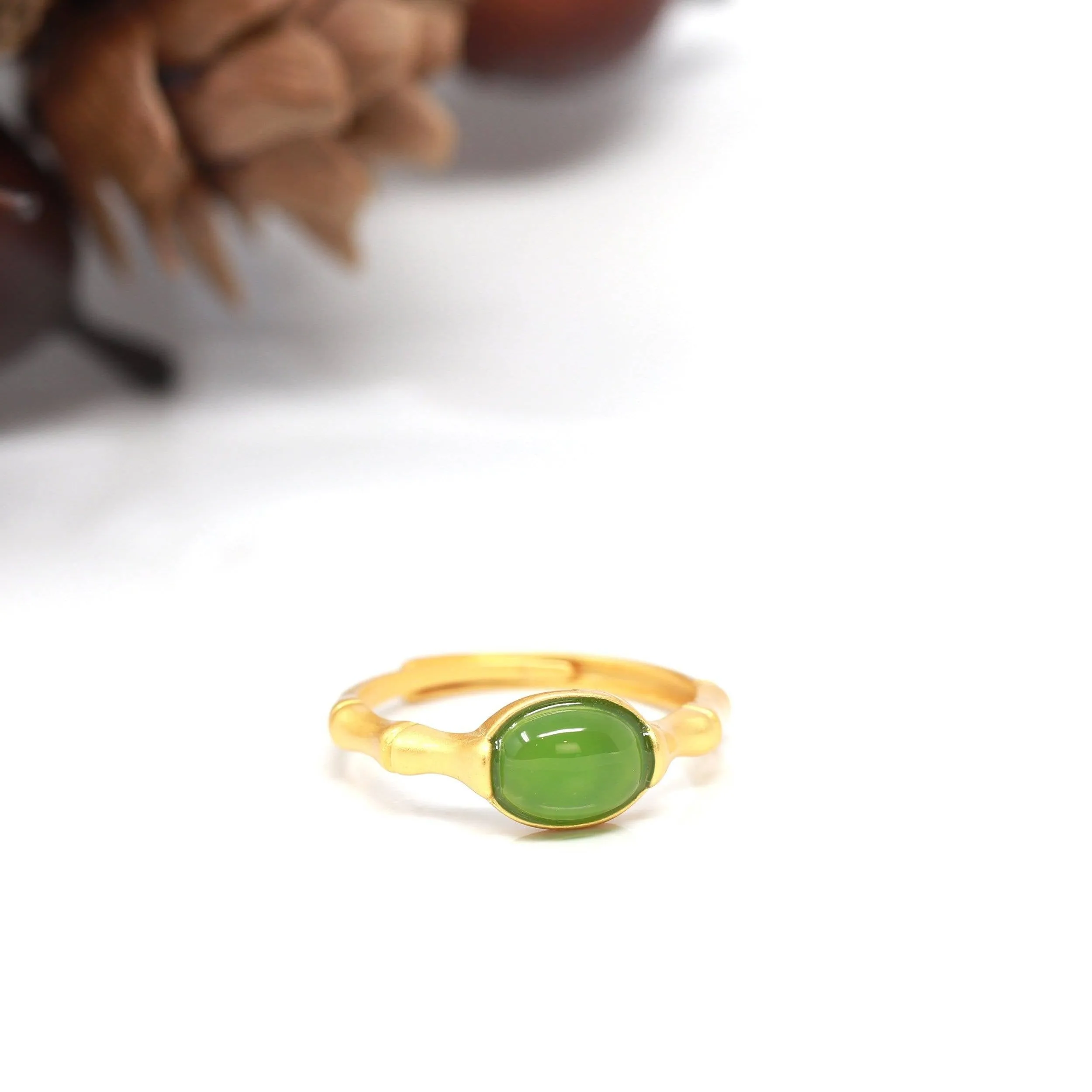 Baikalla™ "Classic Oval" Sterling Silver Real Green Nephrite Jade Bamboo Ring For Her