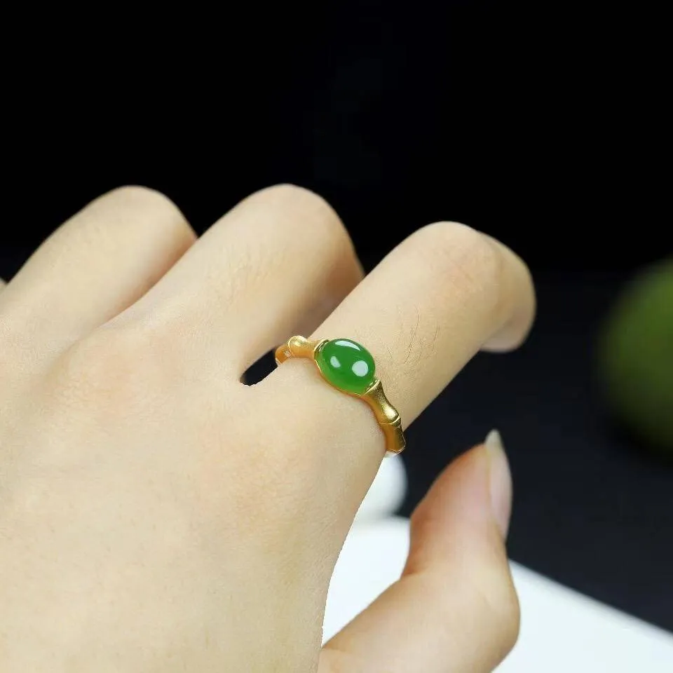 Baikalla™ "Classic Oval" Sterling Silver Real Green Nephrite Jade Bamboo Ring For Her