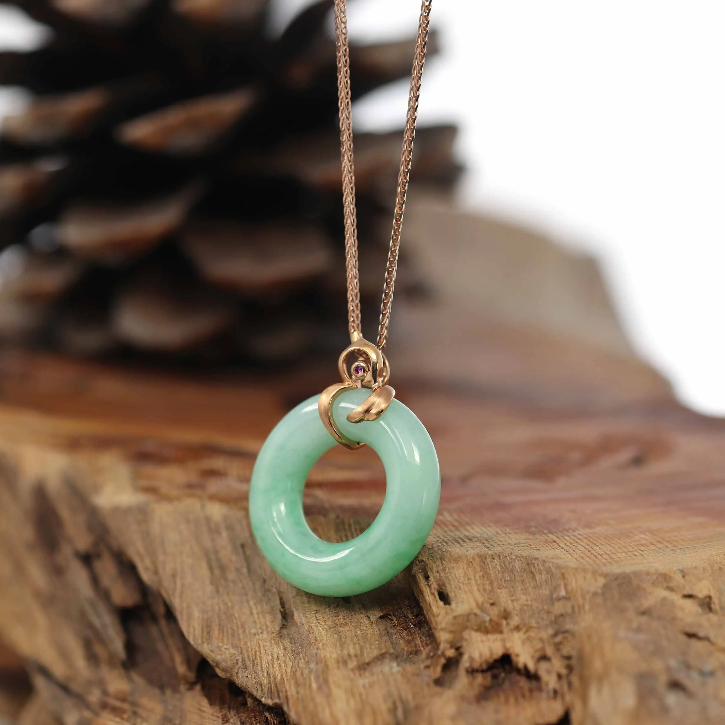 Baikalla™ "Good Luck Birdie" 18k Rose Gold Genuine Burmese Jadeite Lucky Kou Kou Pendant Necklace With Ruby