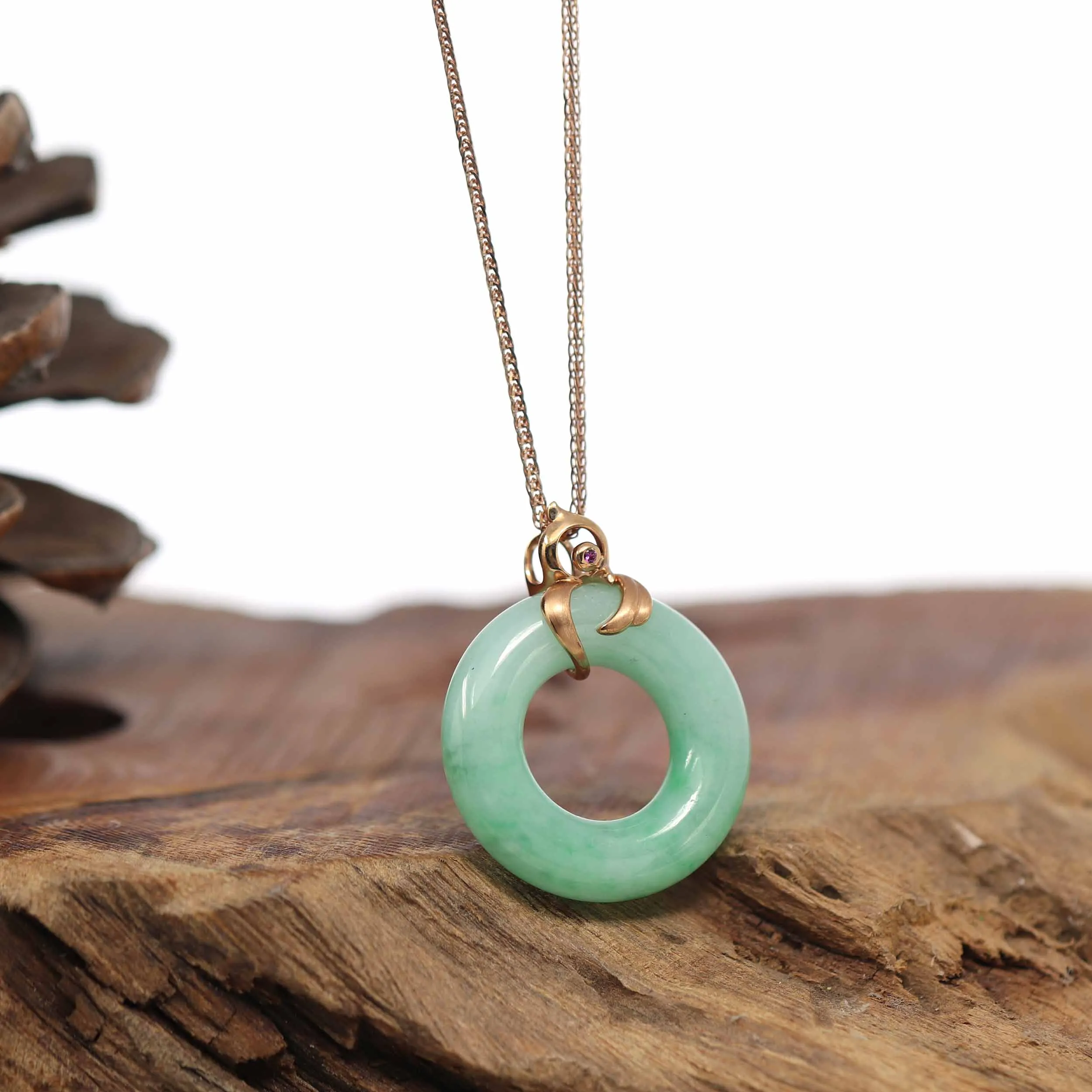 Baikalla™ "Good Luck Birdie" 18k Rose Gold Genuine Burmese Jadeite Lucky Kou Kou Pendant Necklace With Ruby