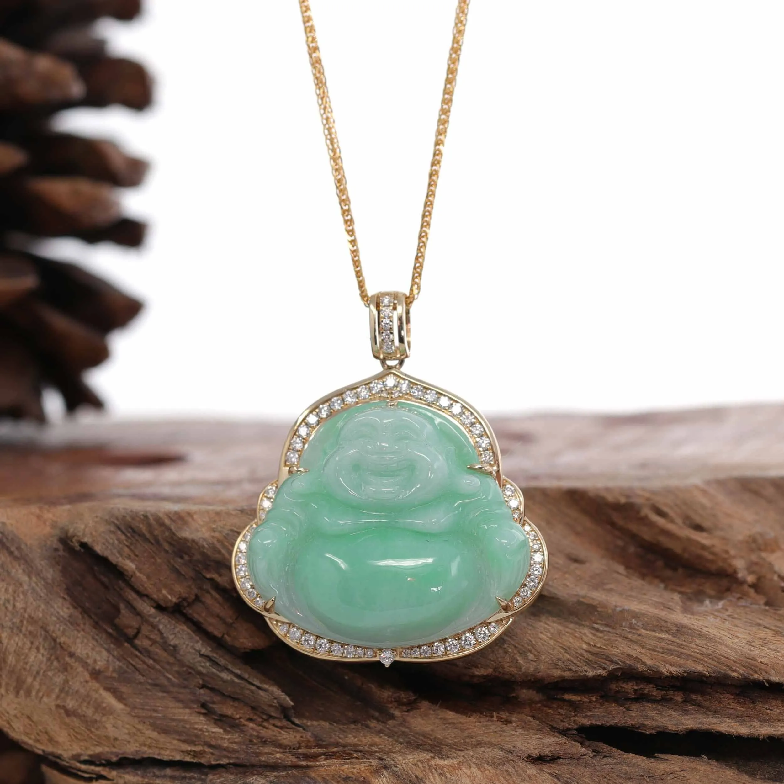 Baikalla™ "Laughing Buddha" 14k Gold Genuine Green Jadeite Jade w/ Diamonds