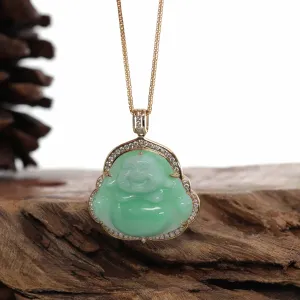 Baikalla™ "Laughing Buddha" 14k Gold Genuine Green Jadeite Jade w/ Diamonds