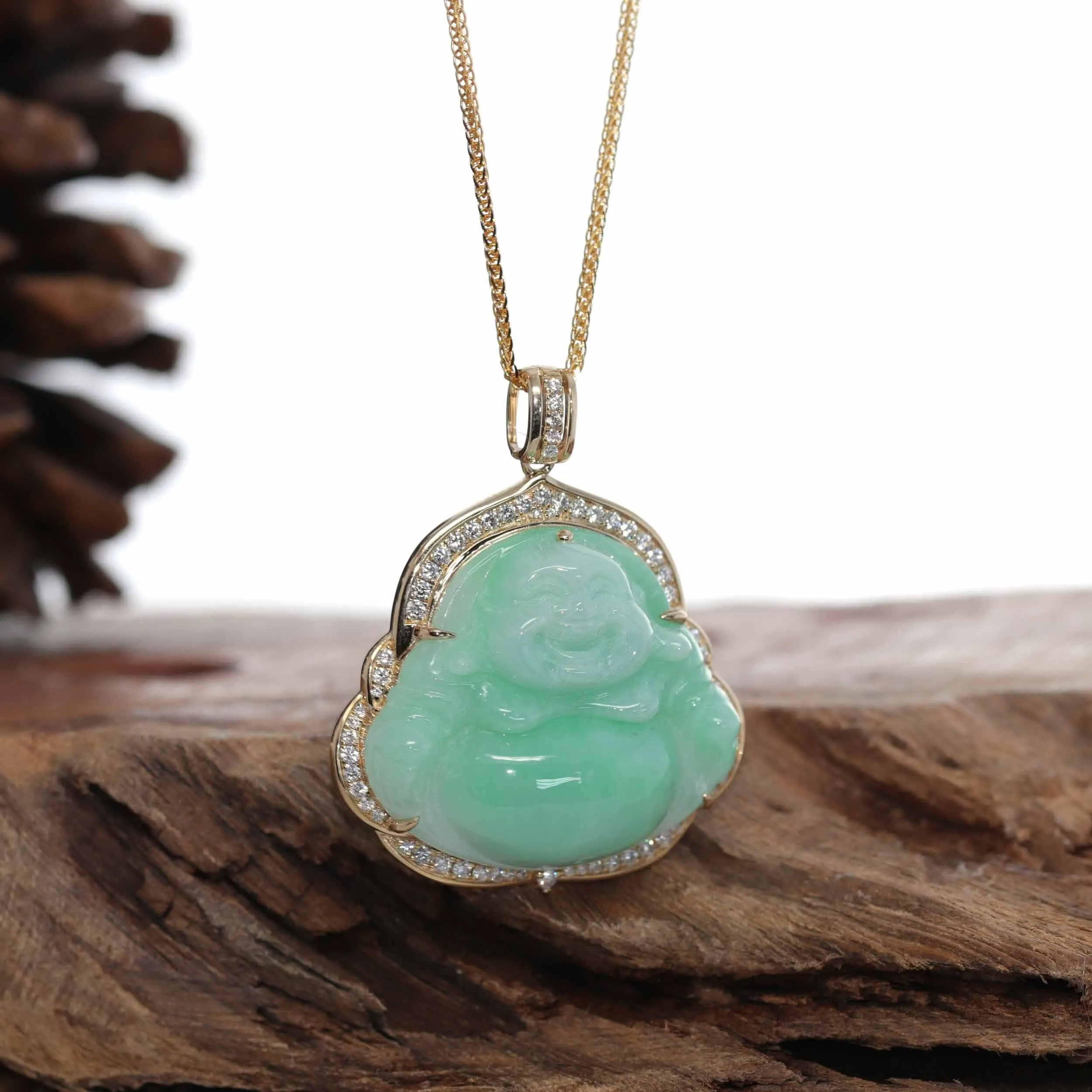 Baikalla™ "Laughing Buddha" 14k Gold Genuine Green Jadeite Jade w/ Diamonds