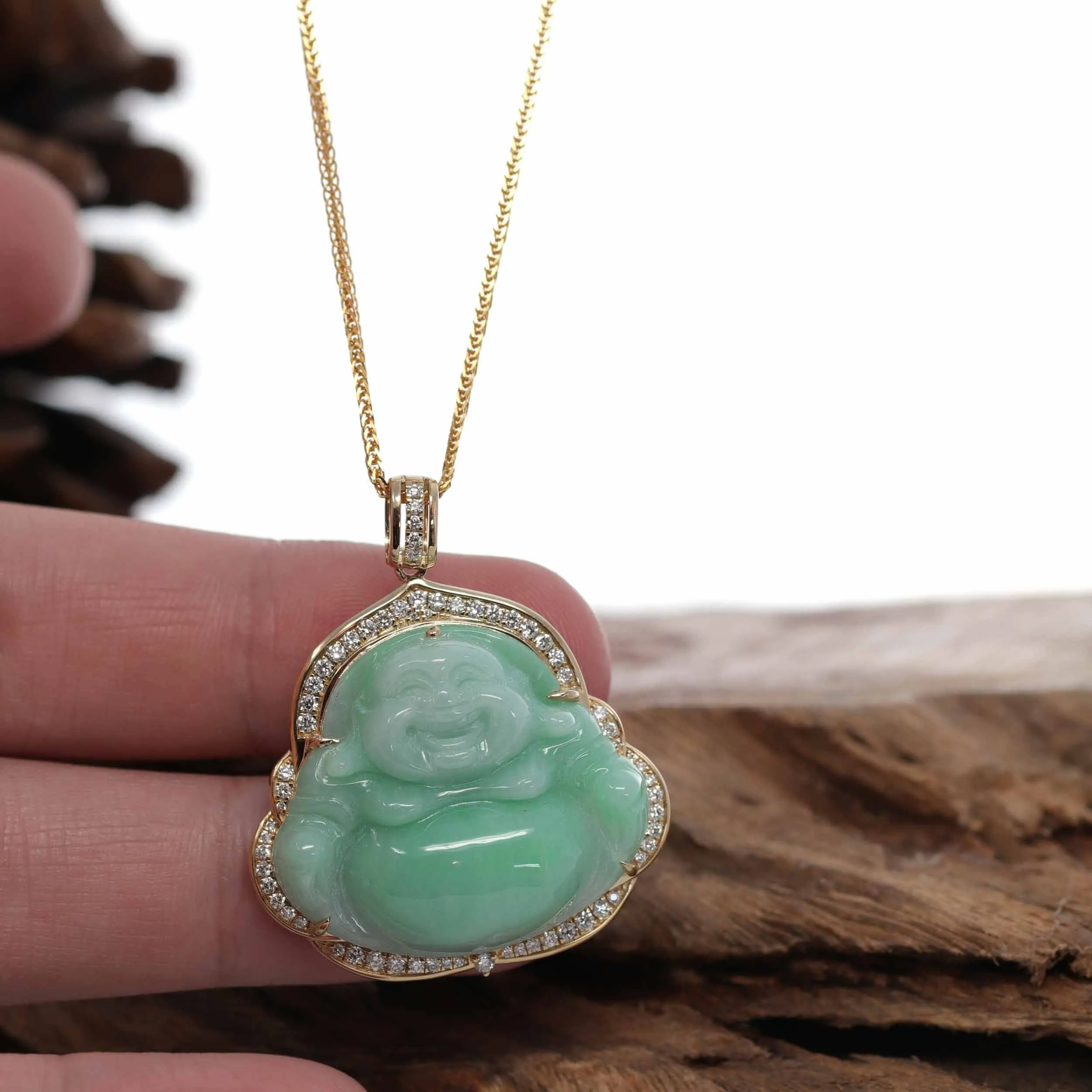 Baikalla™ "Laughing Buddha" 14k Gold Genuine Green Jadeite Jade w/ Diamonds