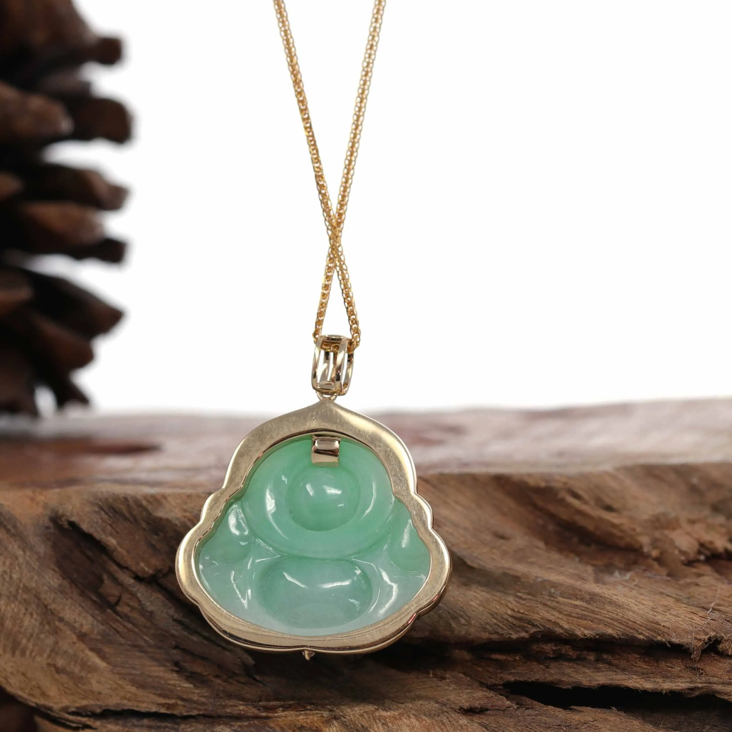 Baikalla™ "Laughing Buddha" 14k Gold Genuine Green Jadeite Jade w/ Diamonds