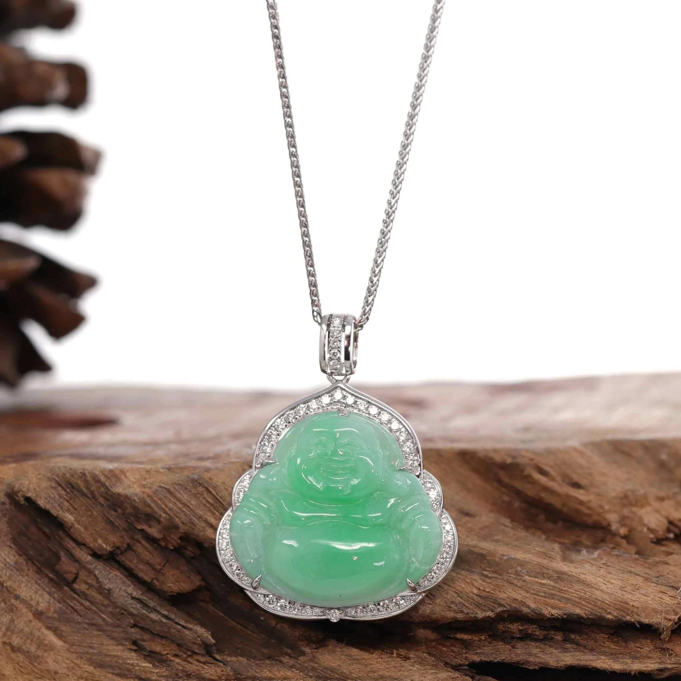 Baikalla™ "Laughing Buddha" 14k Gold Genuine Green Jadeite Jade with VS1 Diamonds