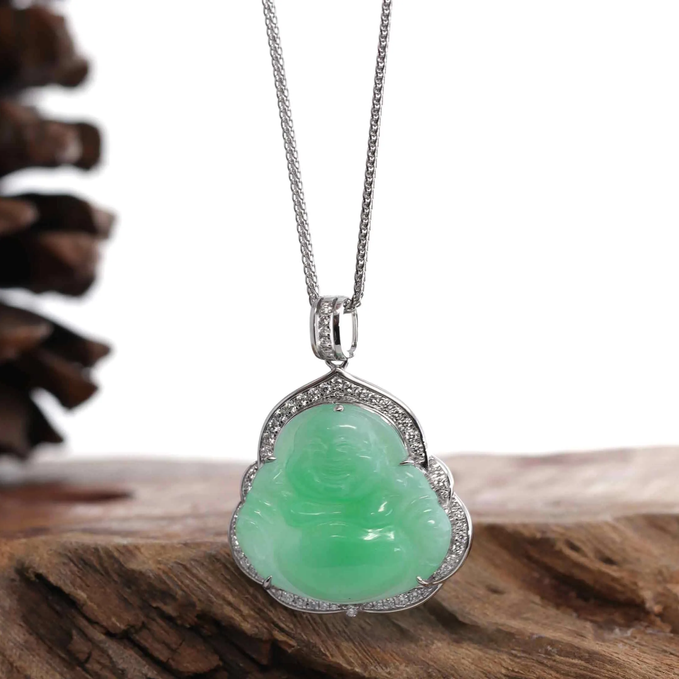 Baikalla™ "Laughing Buddha" 14k Gold Genuine Green Jadeite Jade with VS1 Diamonds