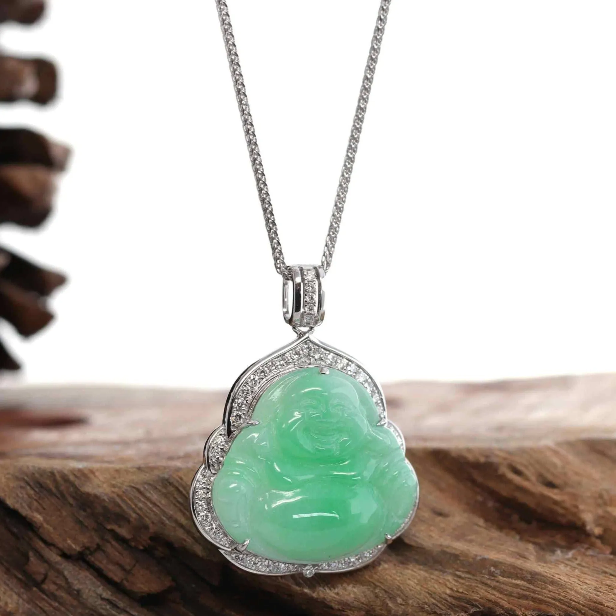 Baikalla™ "Laughing Buddha" 14k Gold Genuine Green Jadeite Jade with VS1 Diamonds
