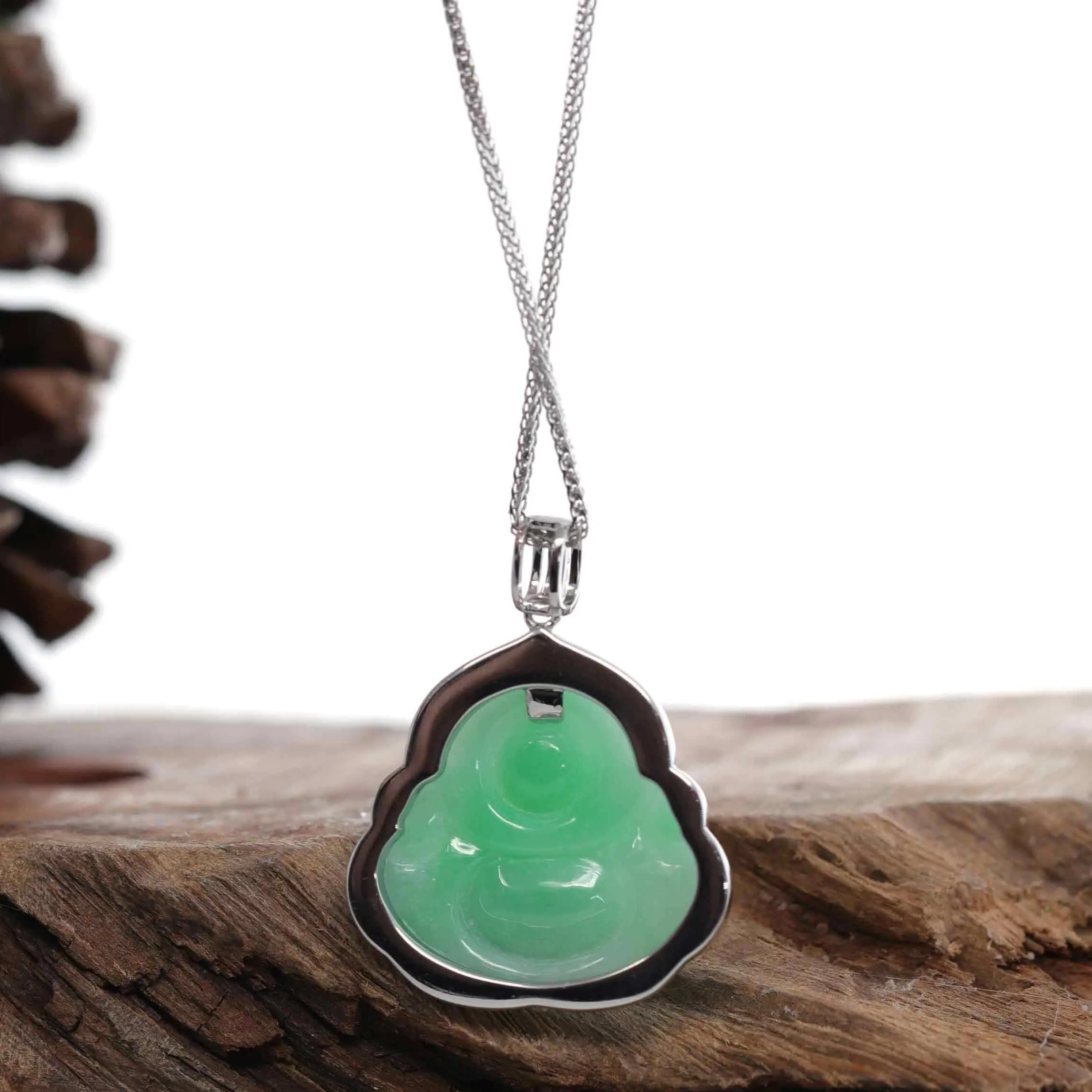 Baikalla™ "Laughing Buddha" 14k Gold Genuine Green Jadeite Jade with VS1 Diamonds