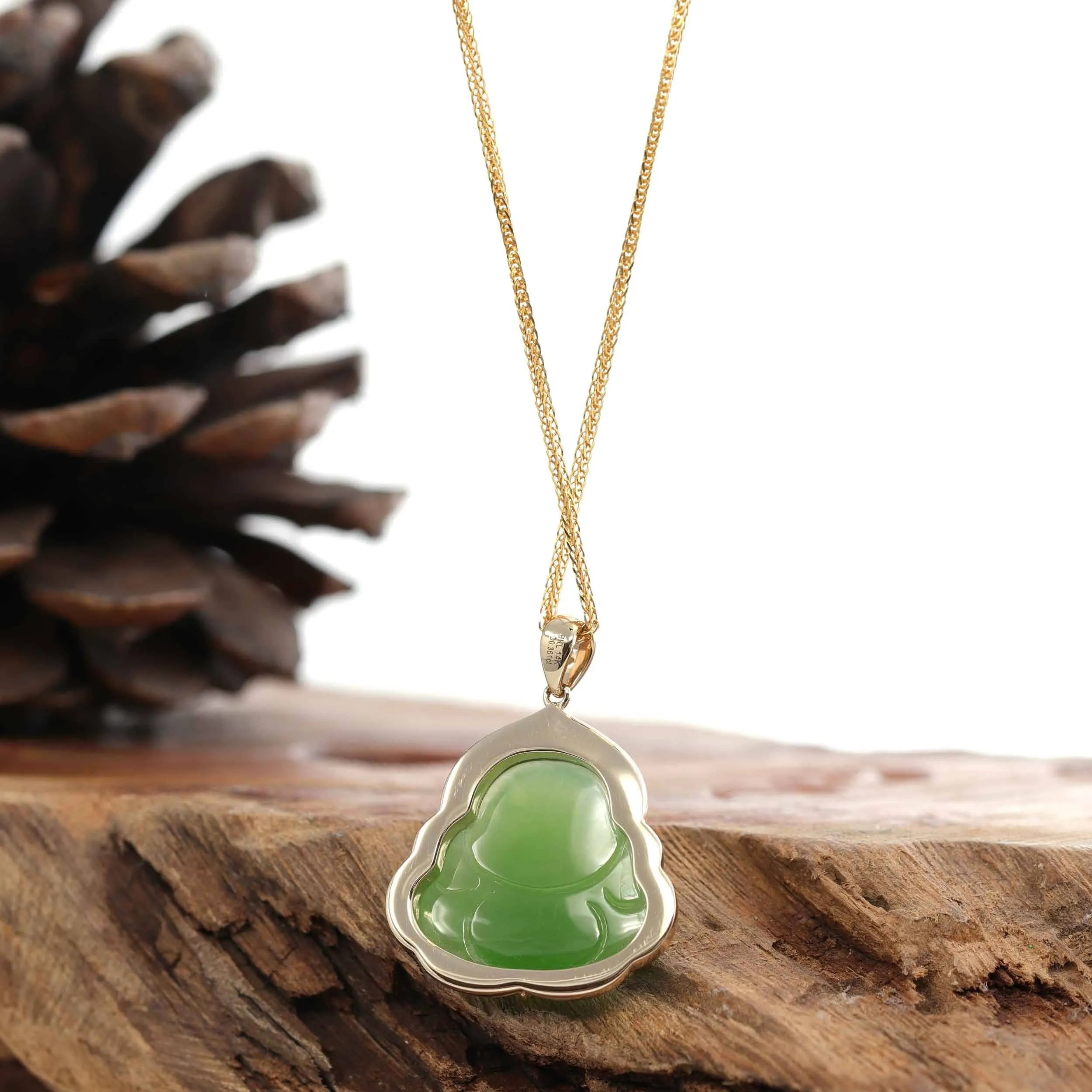 Baikalla "Laughing Buddha" 14k Gold Genuine Nephrite Apple Green Jade with VS1 Diamonds