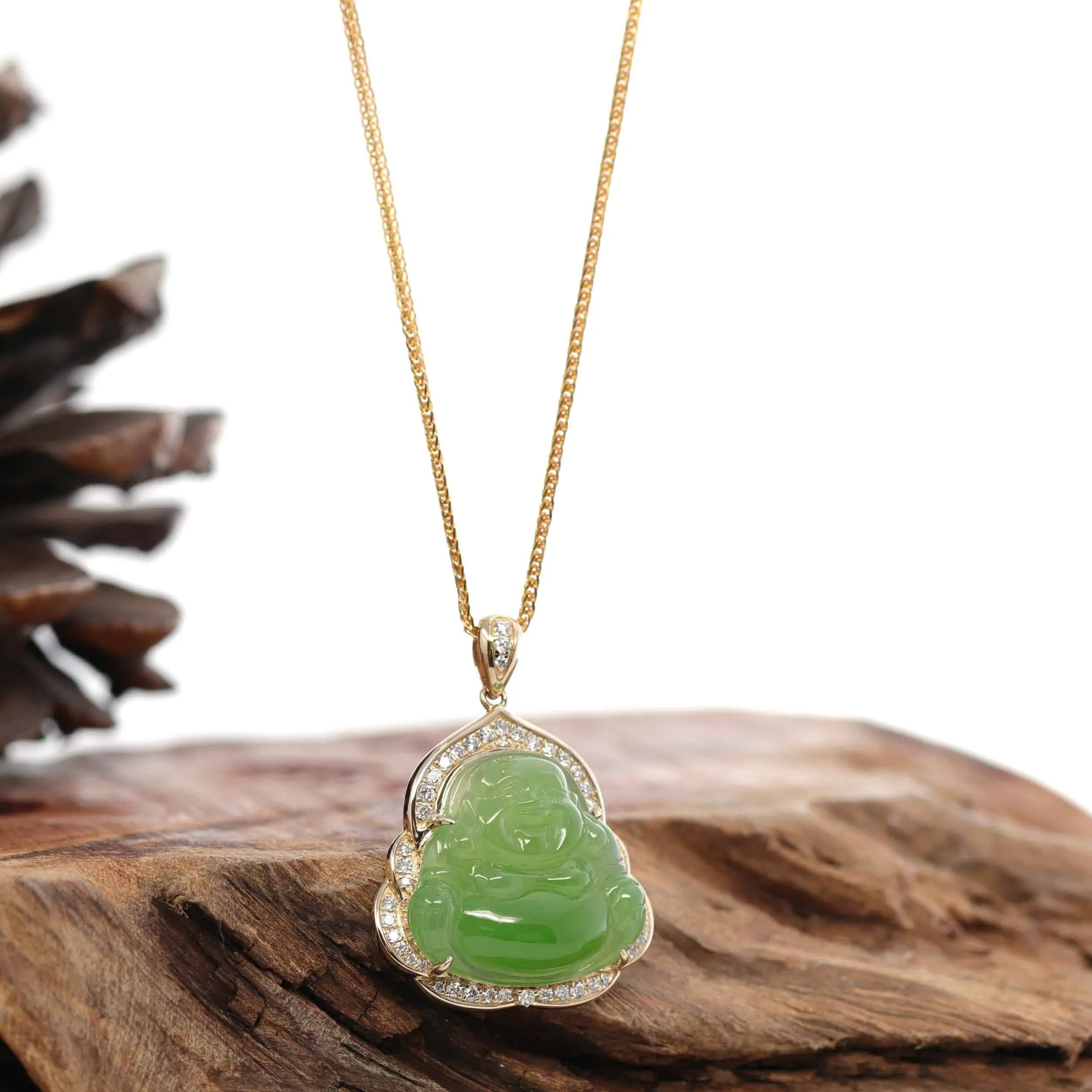 Baikalla "Laughing Buddha" 14k Gold Genuine Nephrite Apple Green Jade with VS1 Diamonds