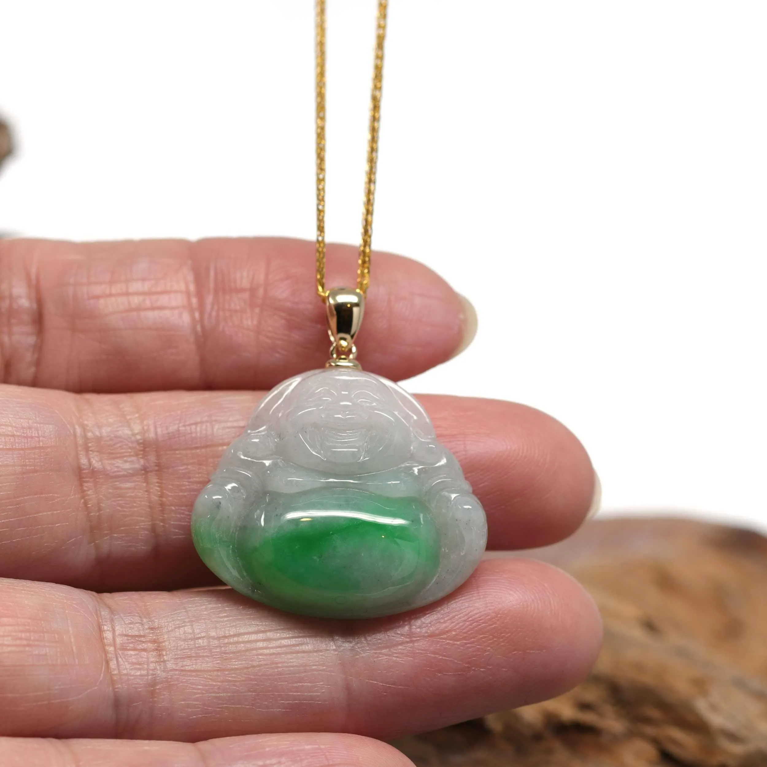 Baikalla™ "Laughing Buddha" Genuine Rich Green Jadeite Buddha Pendant Necklace With 14k Yellow Gold Bail