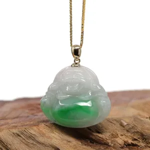 Baikalla™ "Laughing Buddha" Genuine Rich Green Jadeite Buddha Pendant Necklace With 14k Yellow Gold Bail