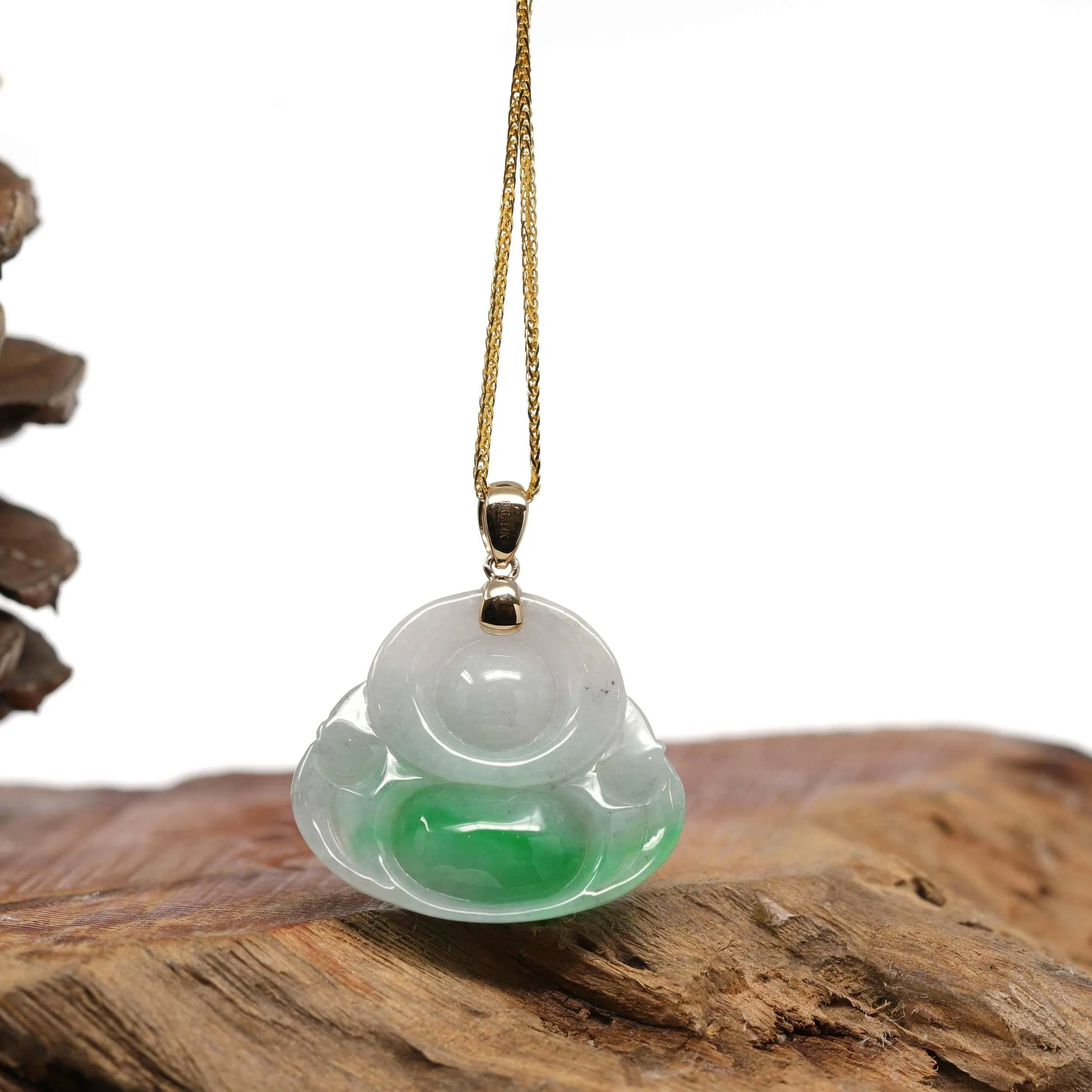 Baikalla™ "Laughing Buddha" Genuine Rich Green Jadeite Buddha Pendant Necklace With 14k Yellow Gold Bail