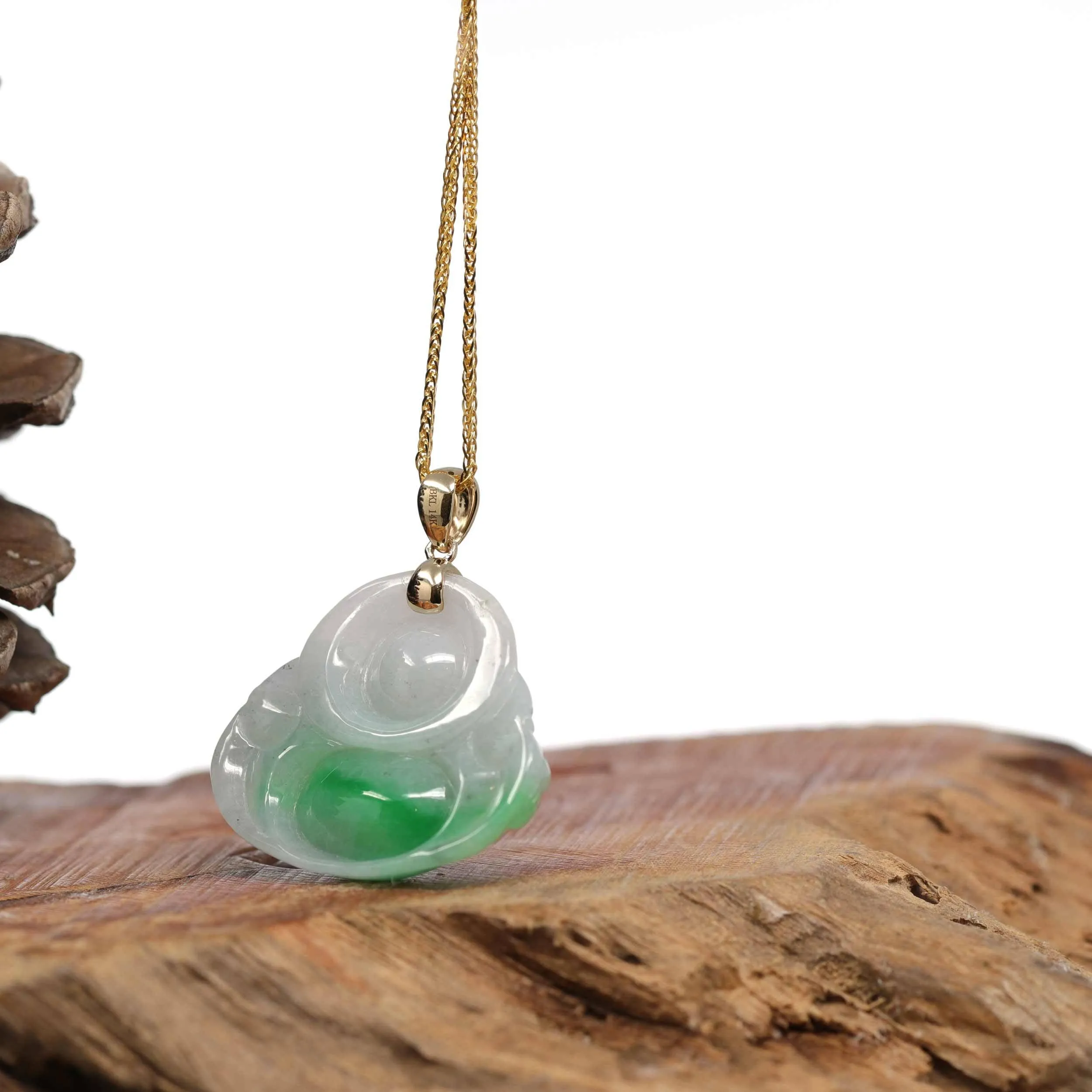 Baikalla™ "Laughing Buddha" Genuine Rich Green Jadeite Buddha Pendant Necklace With 14k Yellow Gold Bail
