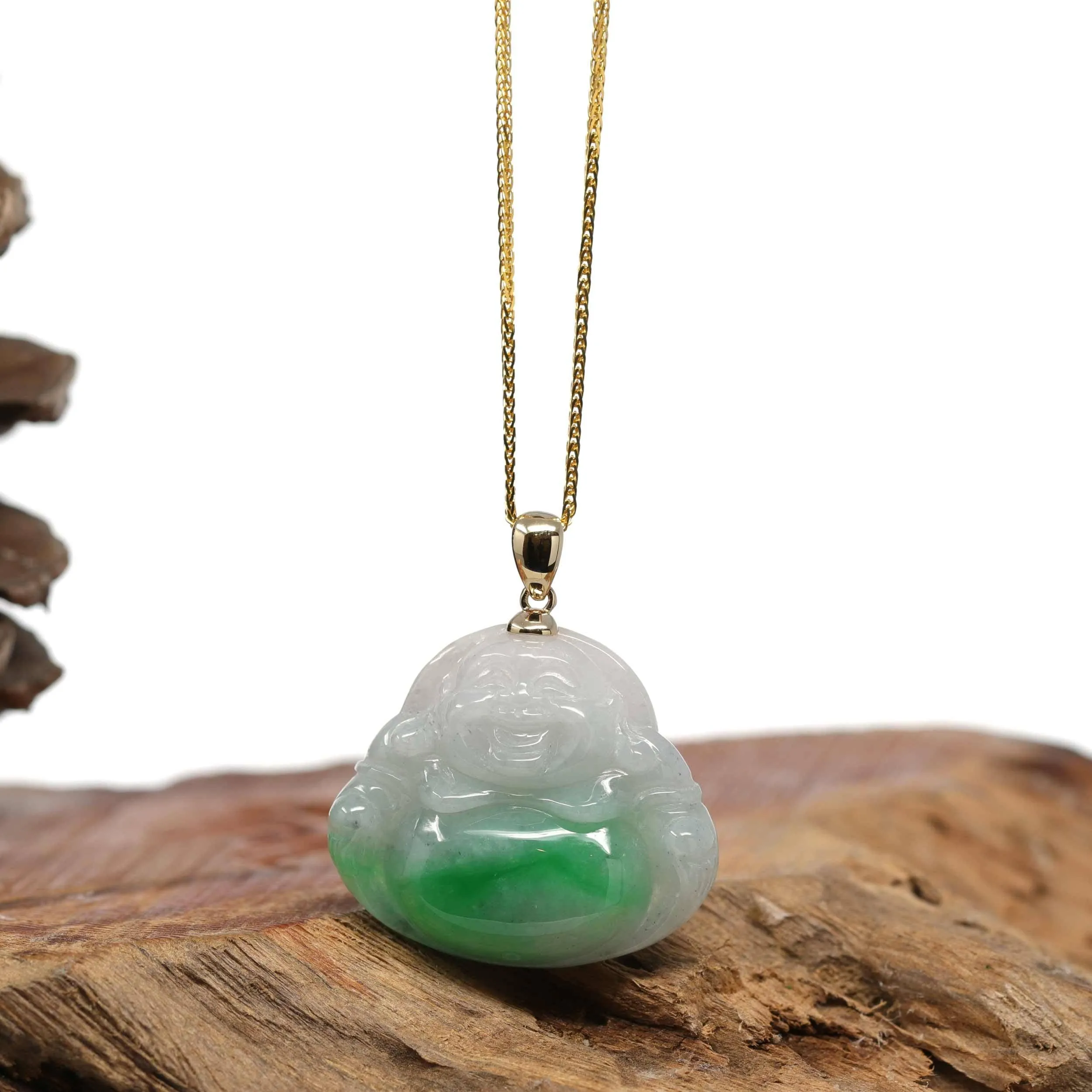 Baikalla™ "Laughing Buddha" Genuine Rich Green Jadeite Buddha Pendant Necklace With 14k Yellow Gold Bail