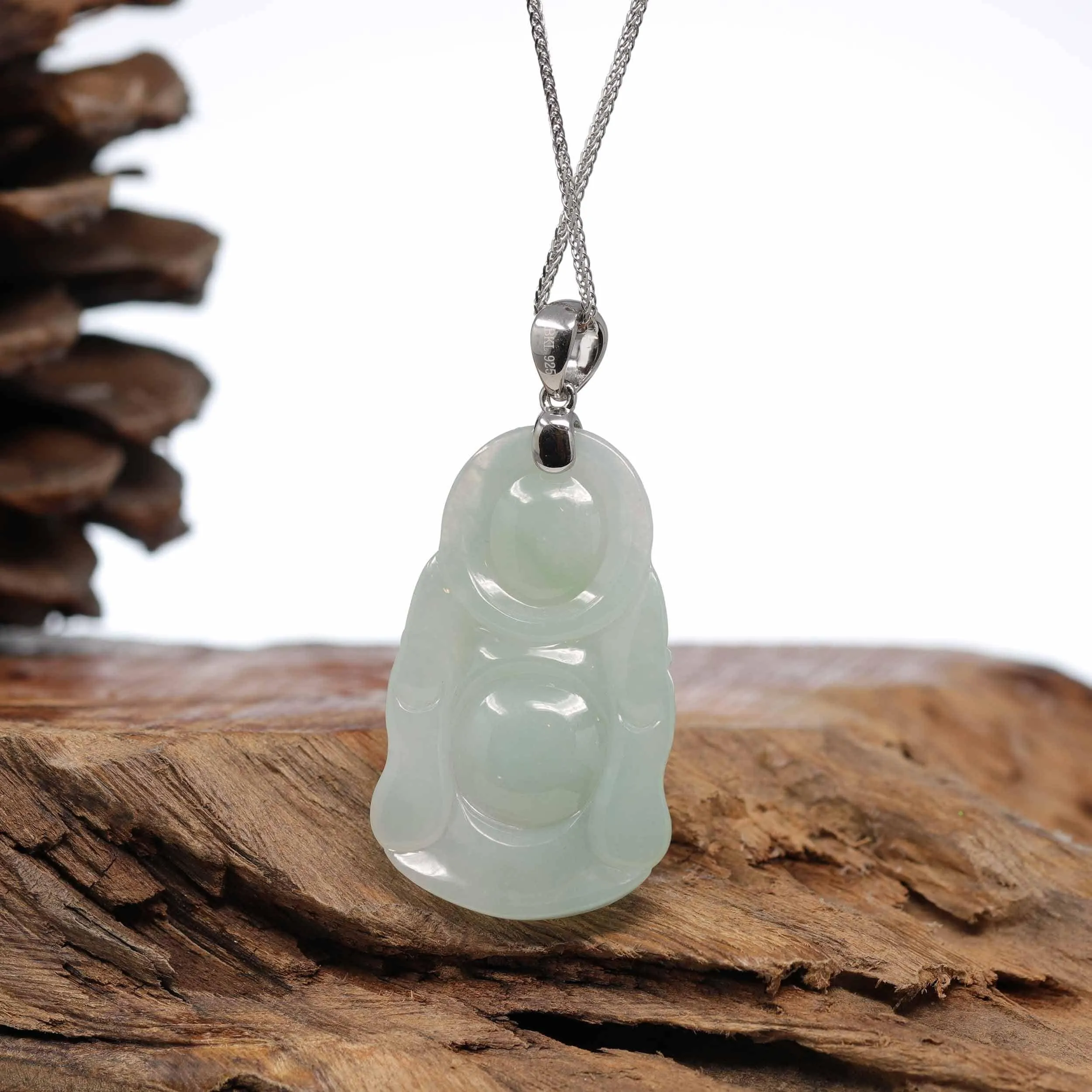 Baikalla™ "Standing Buddha" Genuine Green Jadeite Buddha Pendant Necklace With Silver  Bail