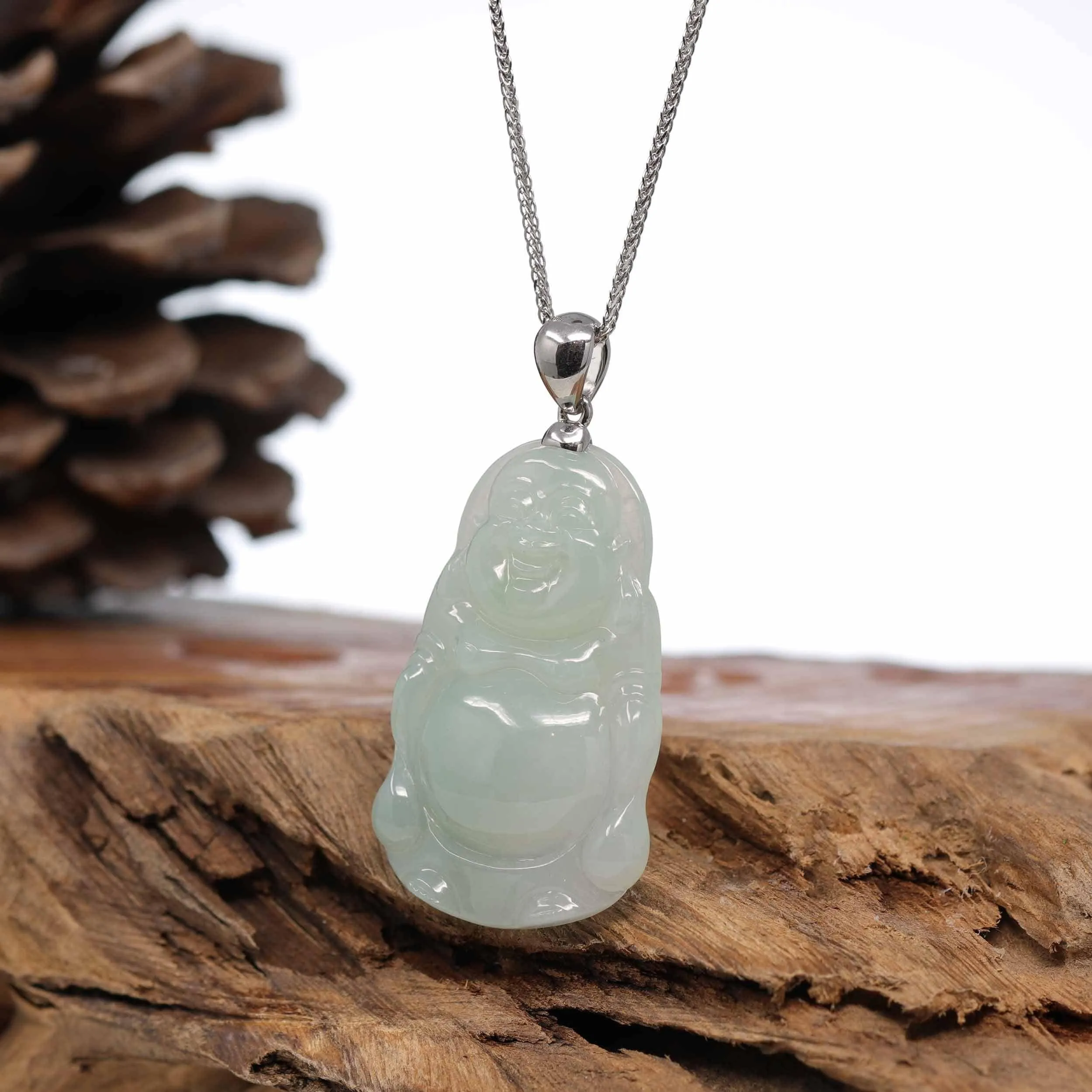 Baikalla™ "Standing Buddha" Genuine Green Jadeite Buddha Pendant Necklace With Silver  Bail