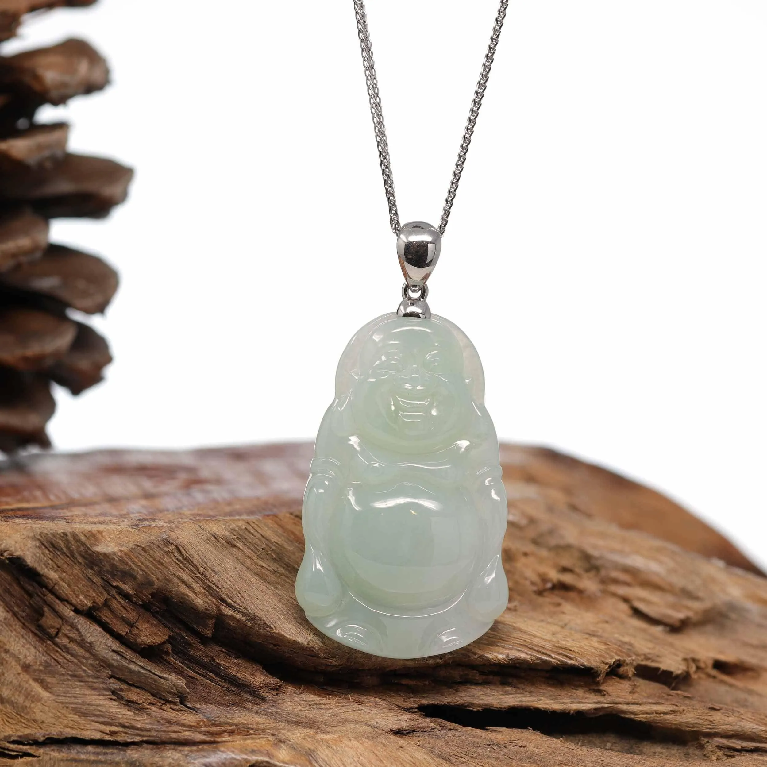 Baikalla™ "Standing Buddha" Genuine Green Jadeite Buddha Pendant Necklace With Silver  Bail