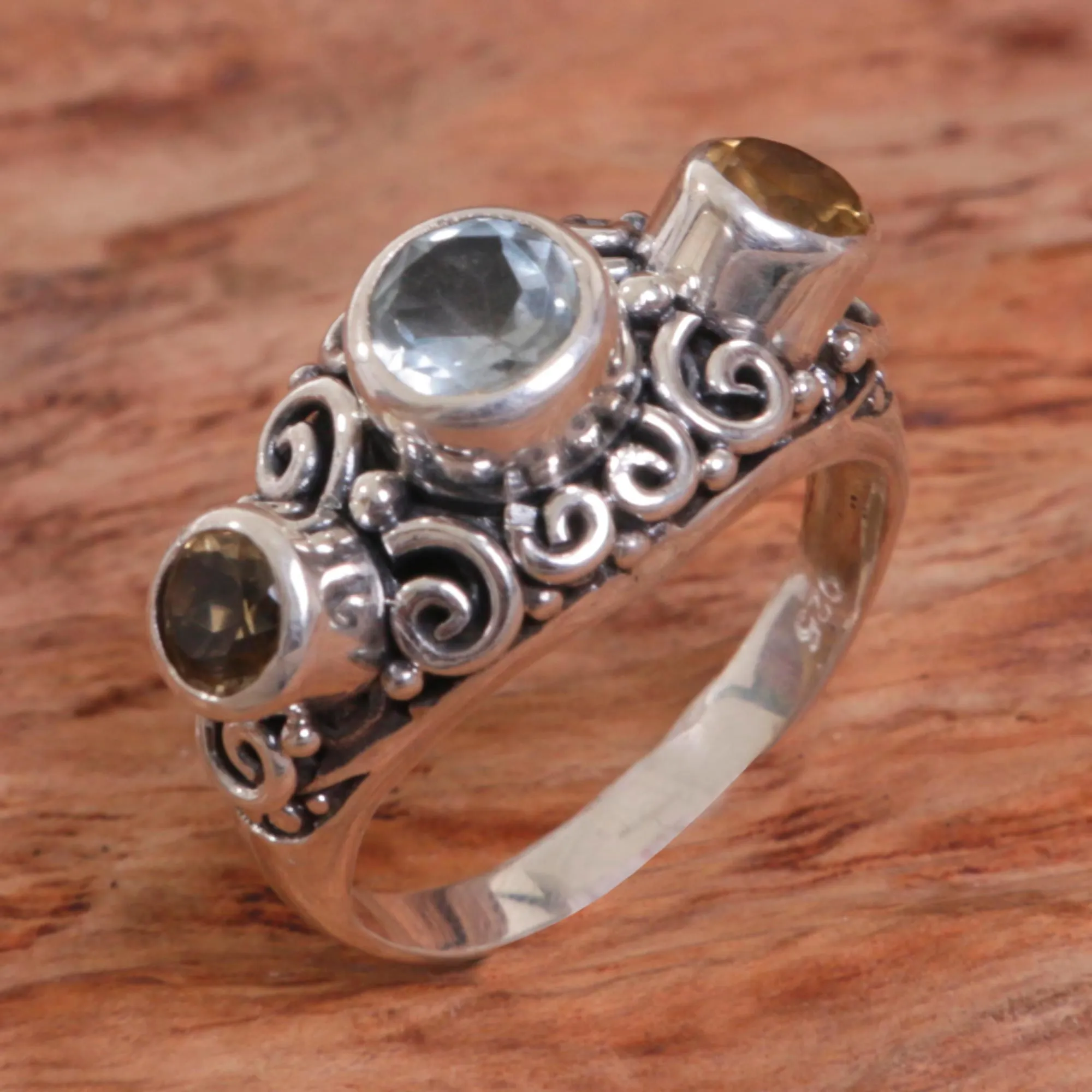 Balinese Citrine Sterling Silver and Blue Topaz Ring - Spirit of the Islands | NOVICA