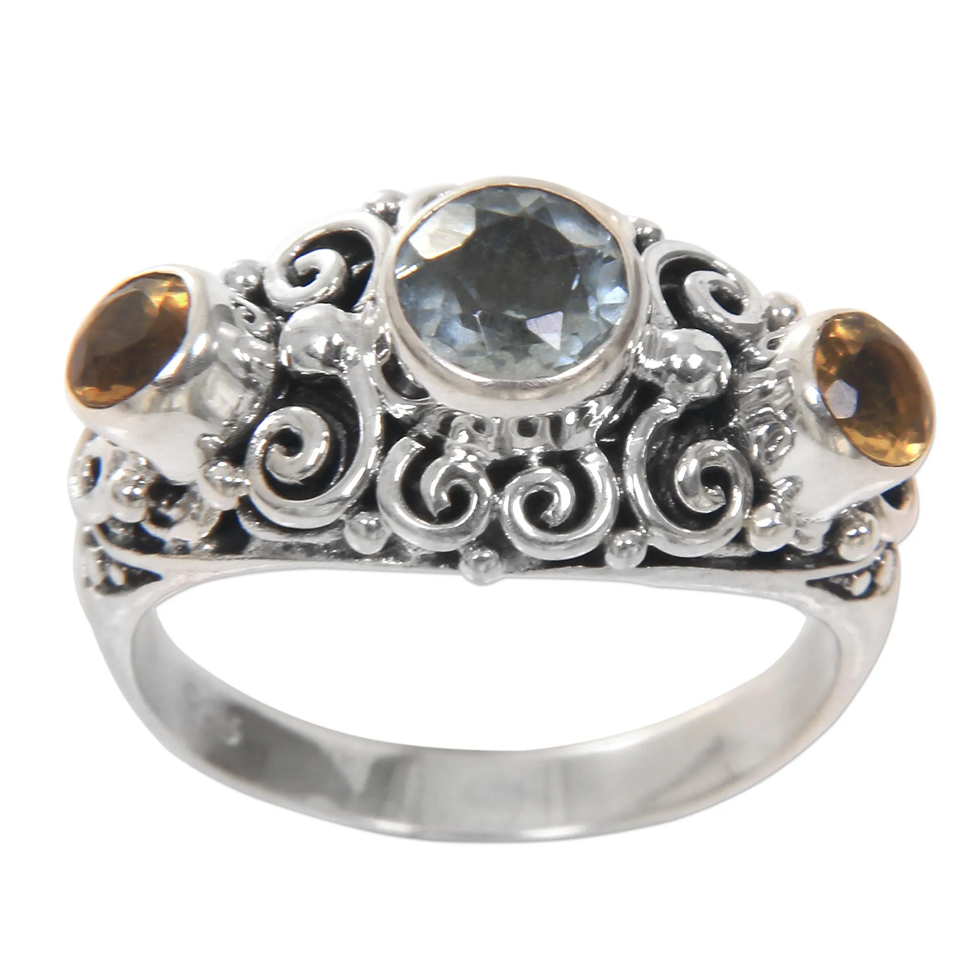 Balinese Citrine Sterling Silver and Blue Topaz Ring - Spirit of the Islands | NOVICA