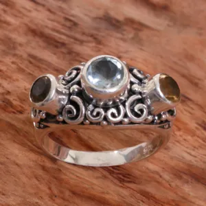 Balinese Citrine Sterling Silver and Blue Topaz Ring - Spirit of the Islands | NOVICA