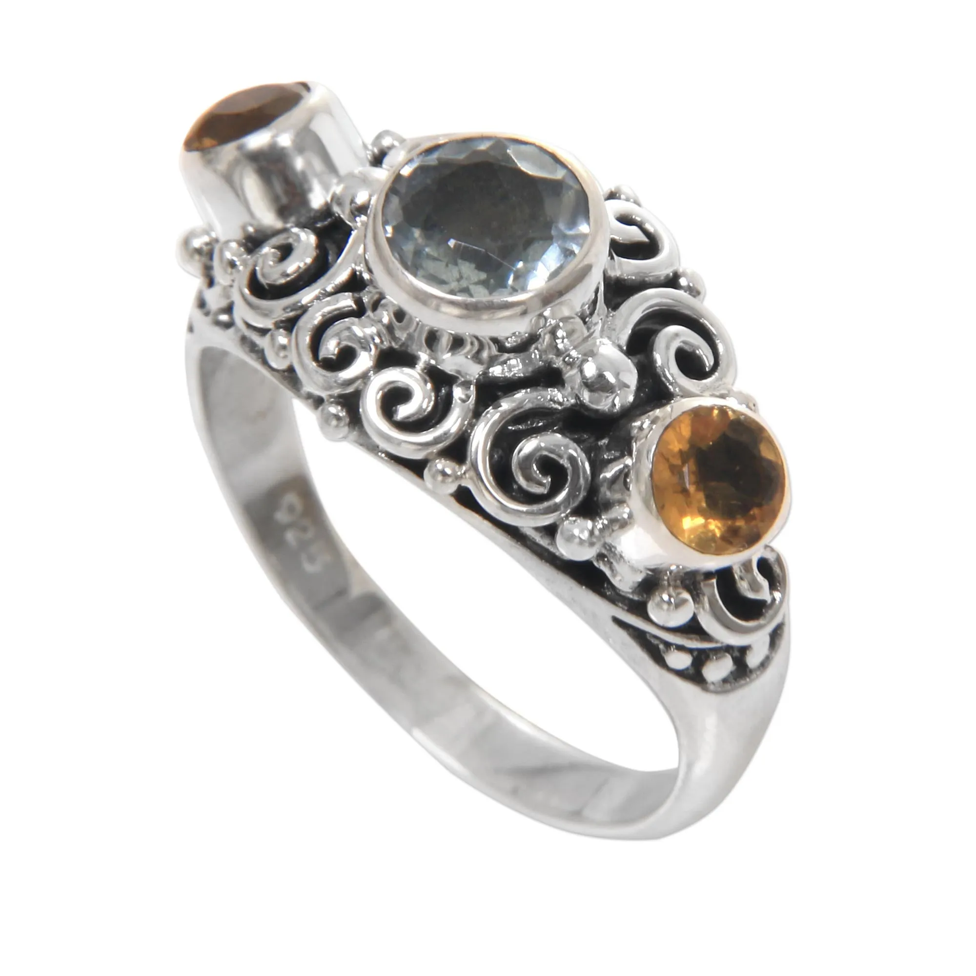Balinese Citrine Sterling Silver and Blue Topaz Ring - Spirit of the Islands | NOVICA