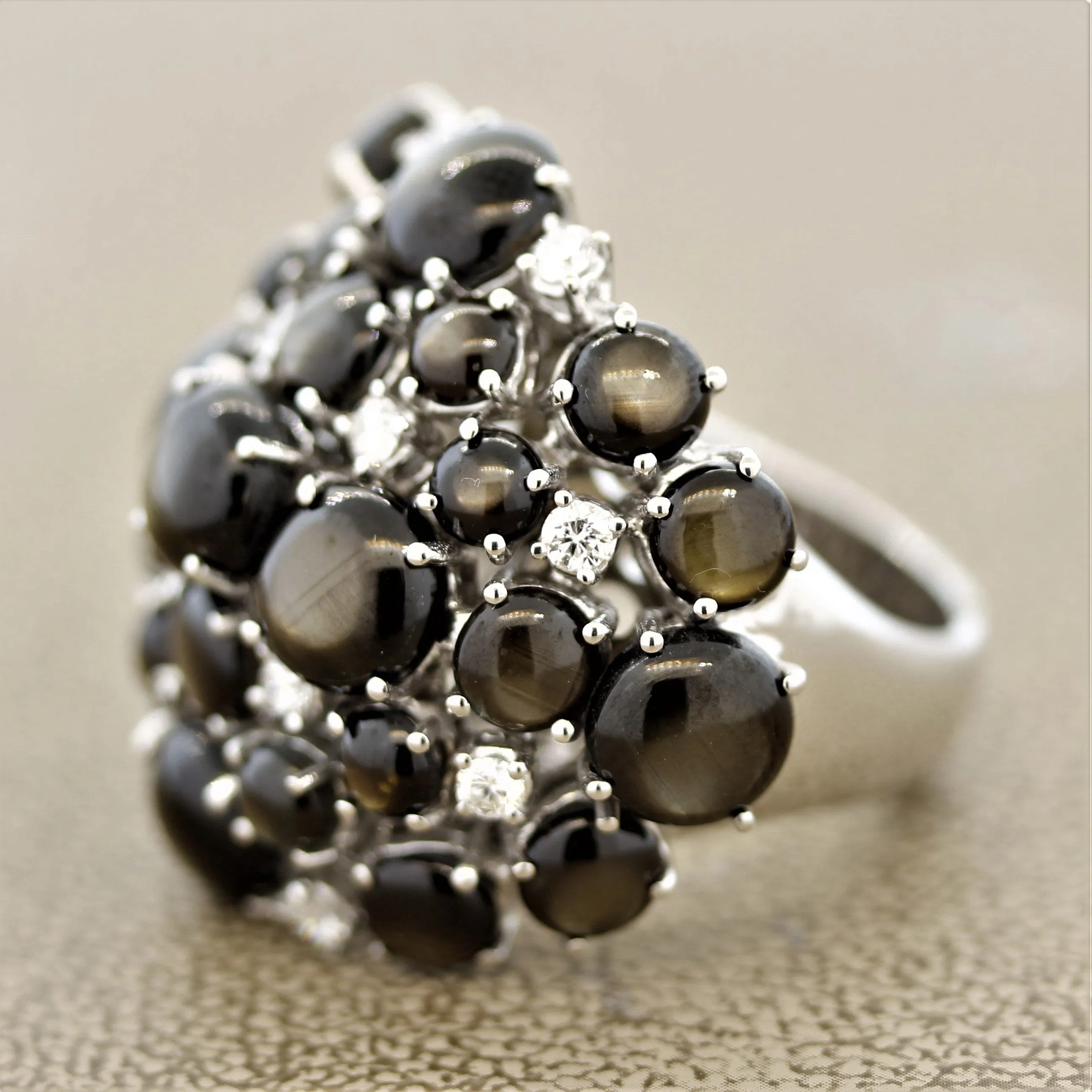 Black Star Sapphire Diamond Gold Cluster Cocktail Ring