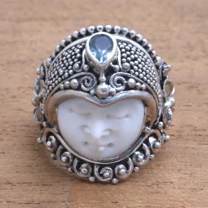 Blue Topaz and Bone Cocktail Ring from Bali - Bali Prince | NOVICA