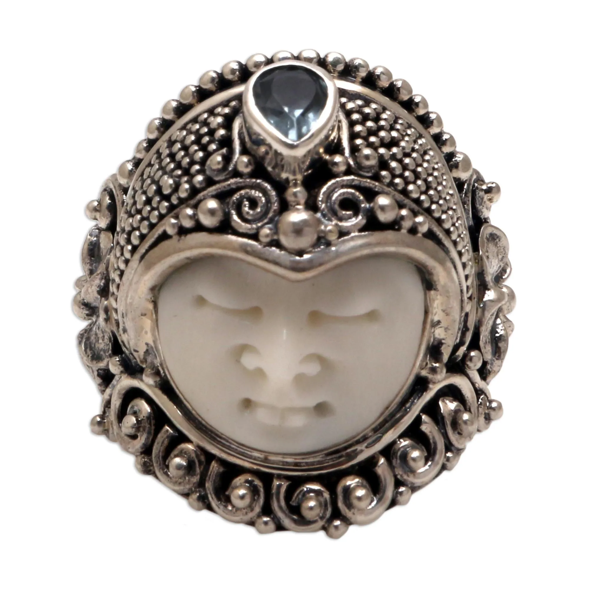 Blue Topaz and Bone Cocktail Ring from Bali - Bali Prince | NOVICA