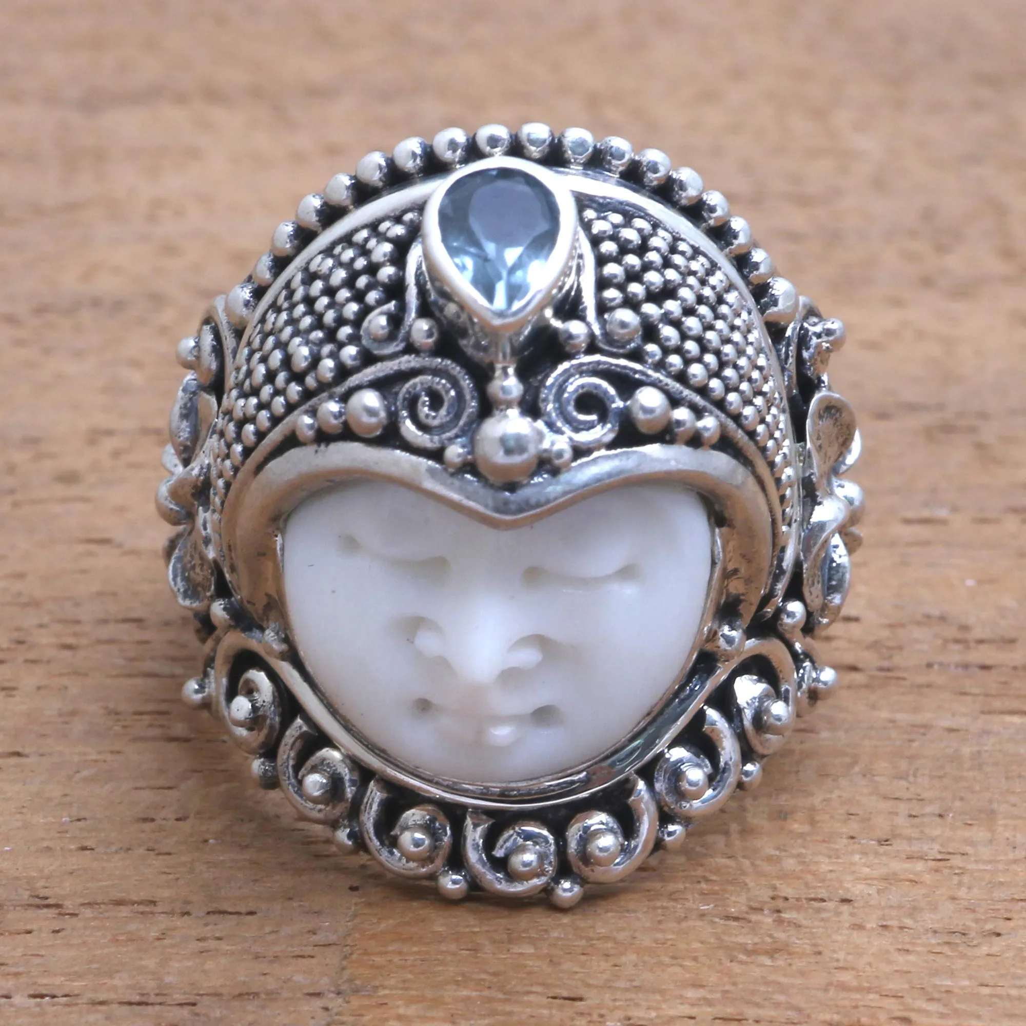 Blue Topaz and Bone Cocktail Ring from Bali - Bali Prince | NOVICA