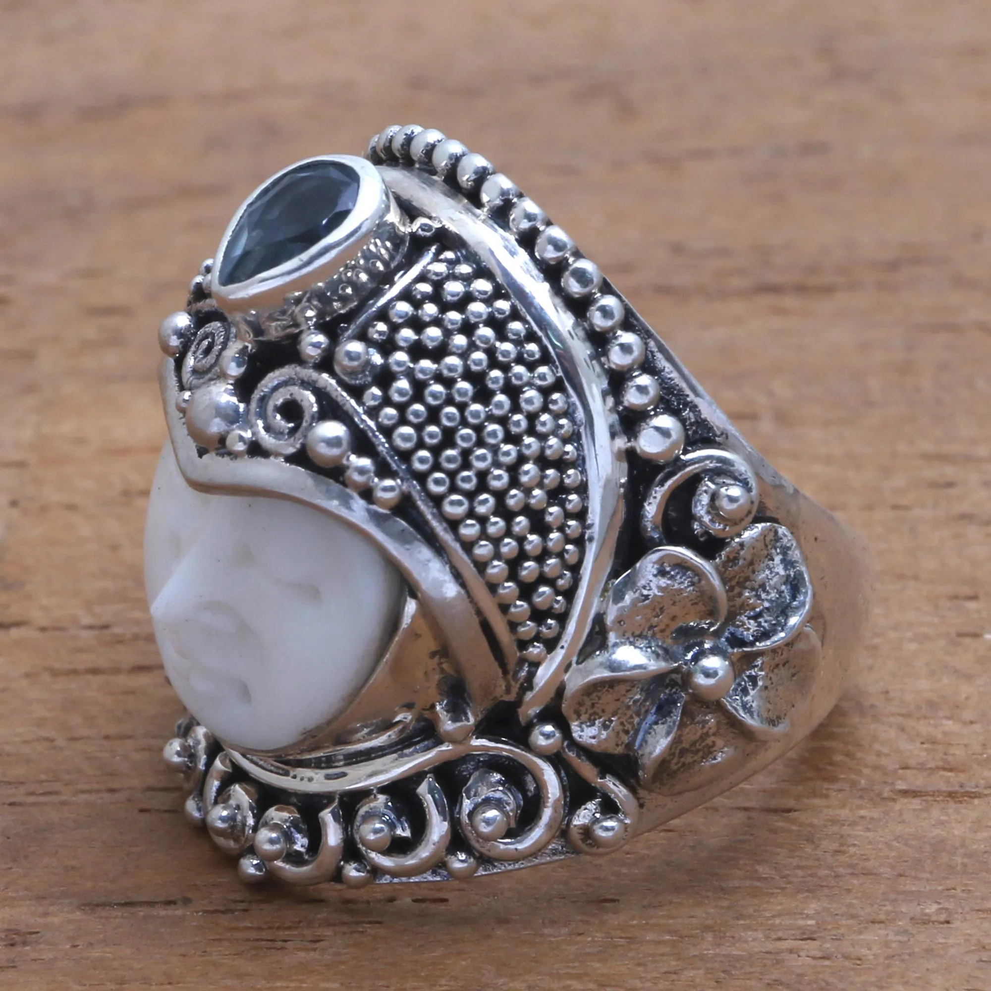 Blue Topaz and Bone Cocktail Ring from Bali - Bali Prince | NOVICA
