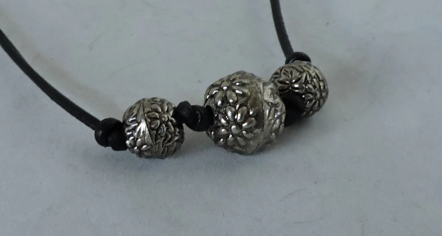Boho Choker w/Black Leather and Antique Silver Textured Beads