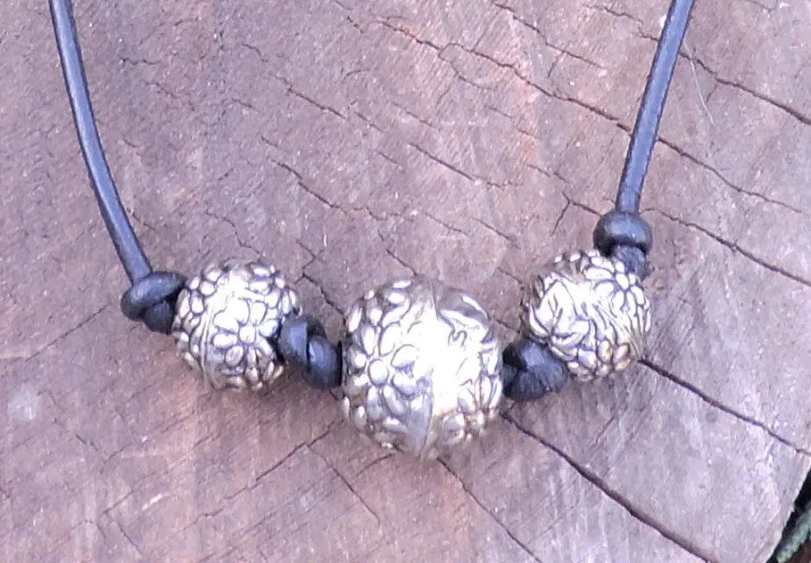 Boho Choker w/Black Leather and Antique Silver Textured Beads