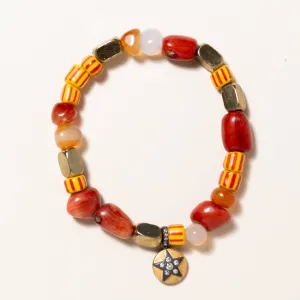 Carnelian, African Glass & Brass with Coral, Silver and Gold Platter Diamond Pendant