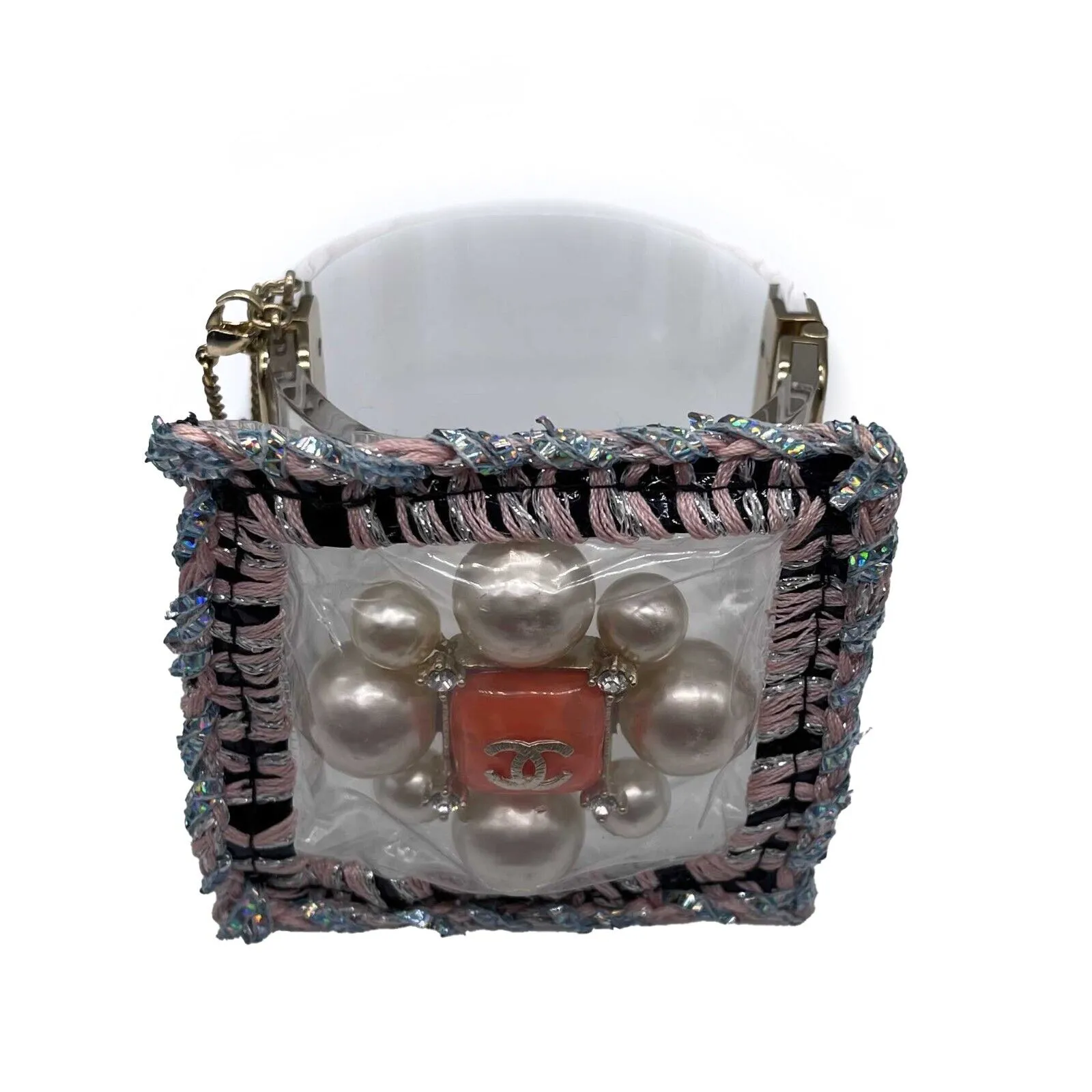 CHANEL - Tweed Crochet PVC CC Supermarket Pearl Strass Orange Gripoix Clear Cuff