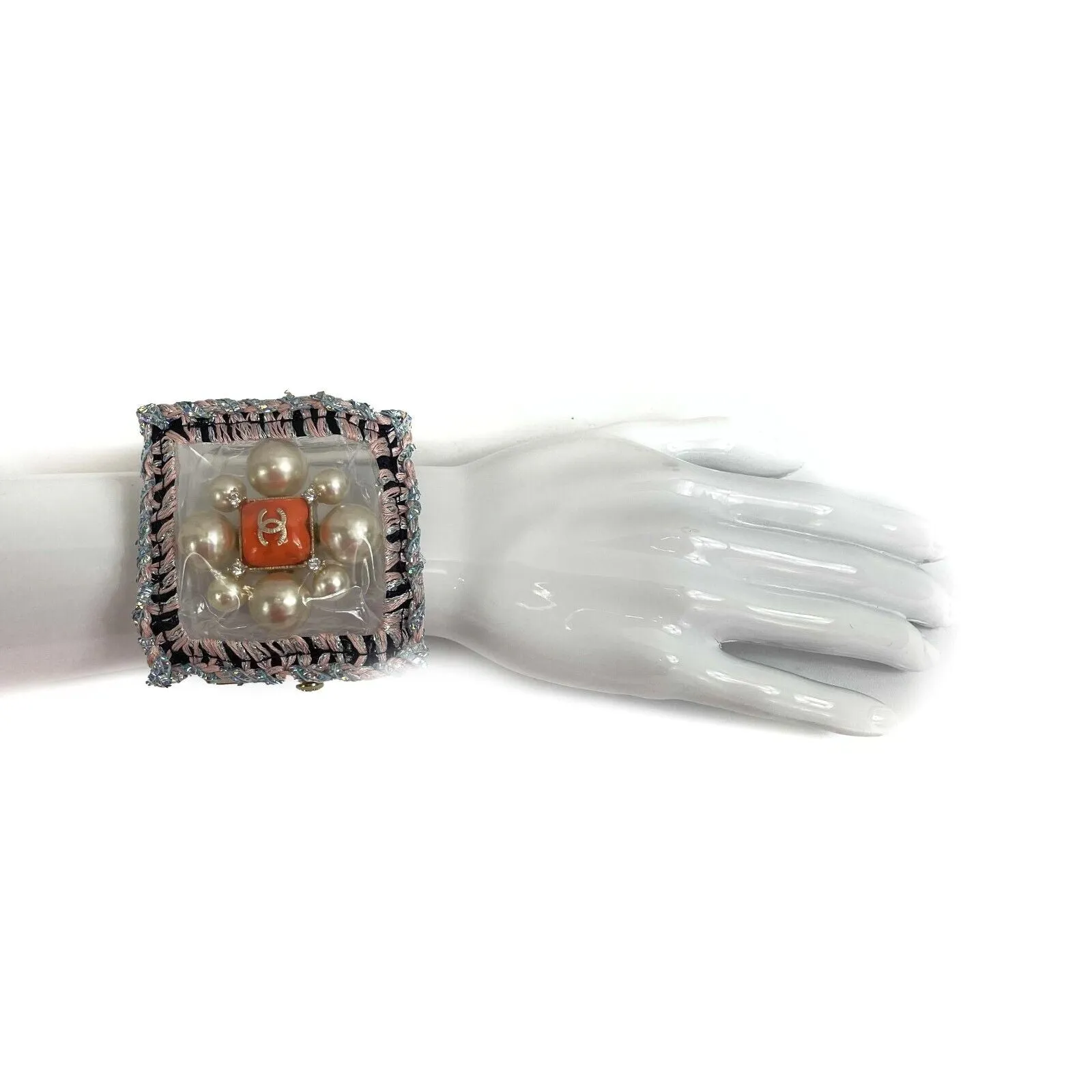 CHANEL - Tweed Crochet PVC CC Supermarket Pearl Strass Orange Gripoix Clear Cuff