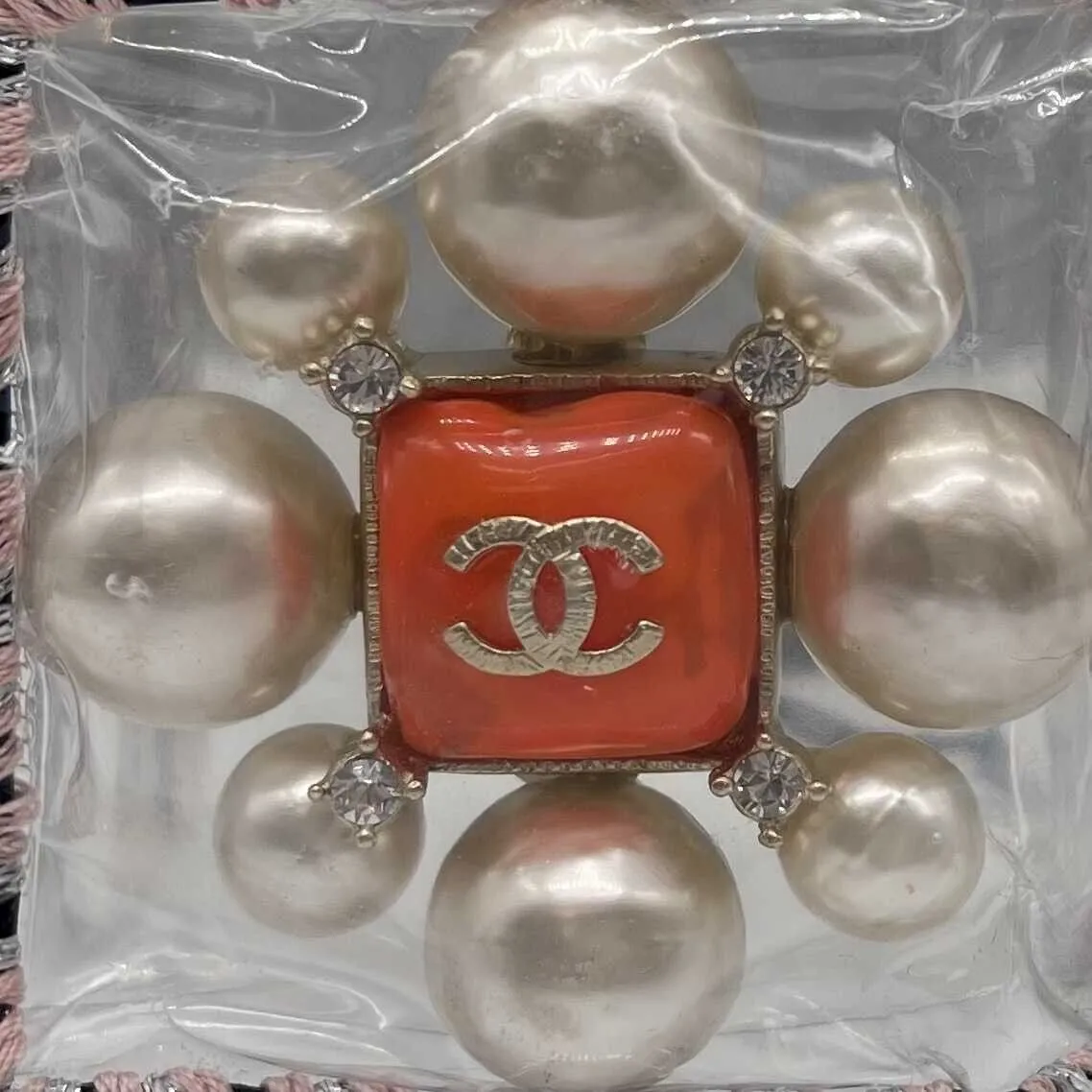 CHANEL - Tweed Crochet PVC CC Supermarket Pearl Strass Orange Gripoix Clear Cuff