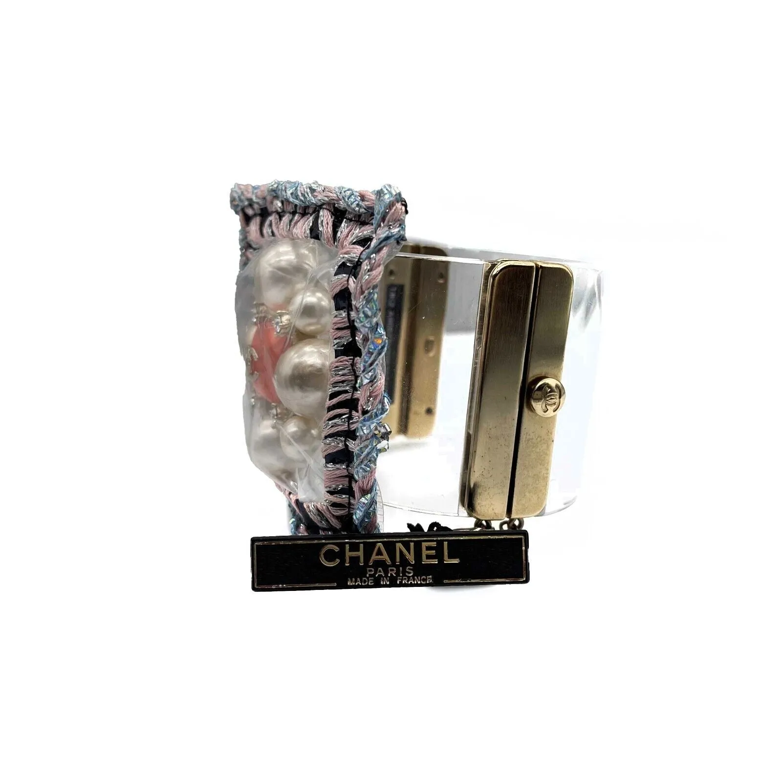 CHANEL - Tweed Crochet PVC CC Supermarket Pearl Strass Orange Gripoix Clear Cuff