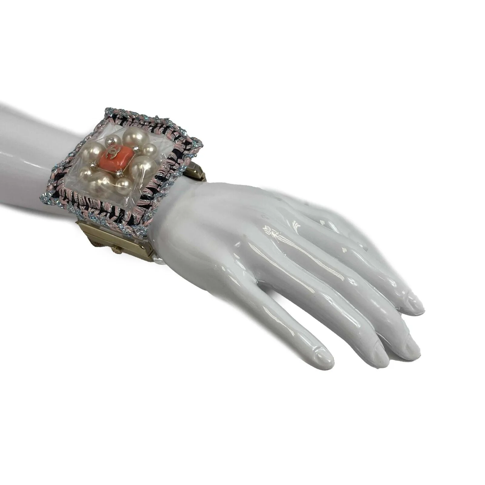 CHANEL - Tweed Crochet PVC CC Supermarket Pearl Strass Orange Gripoix Clear Cuff
